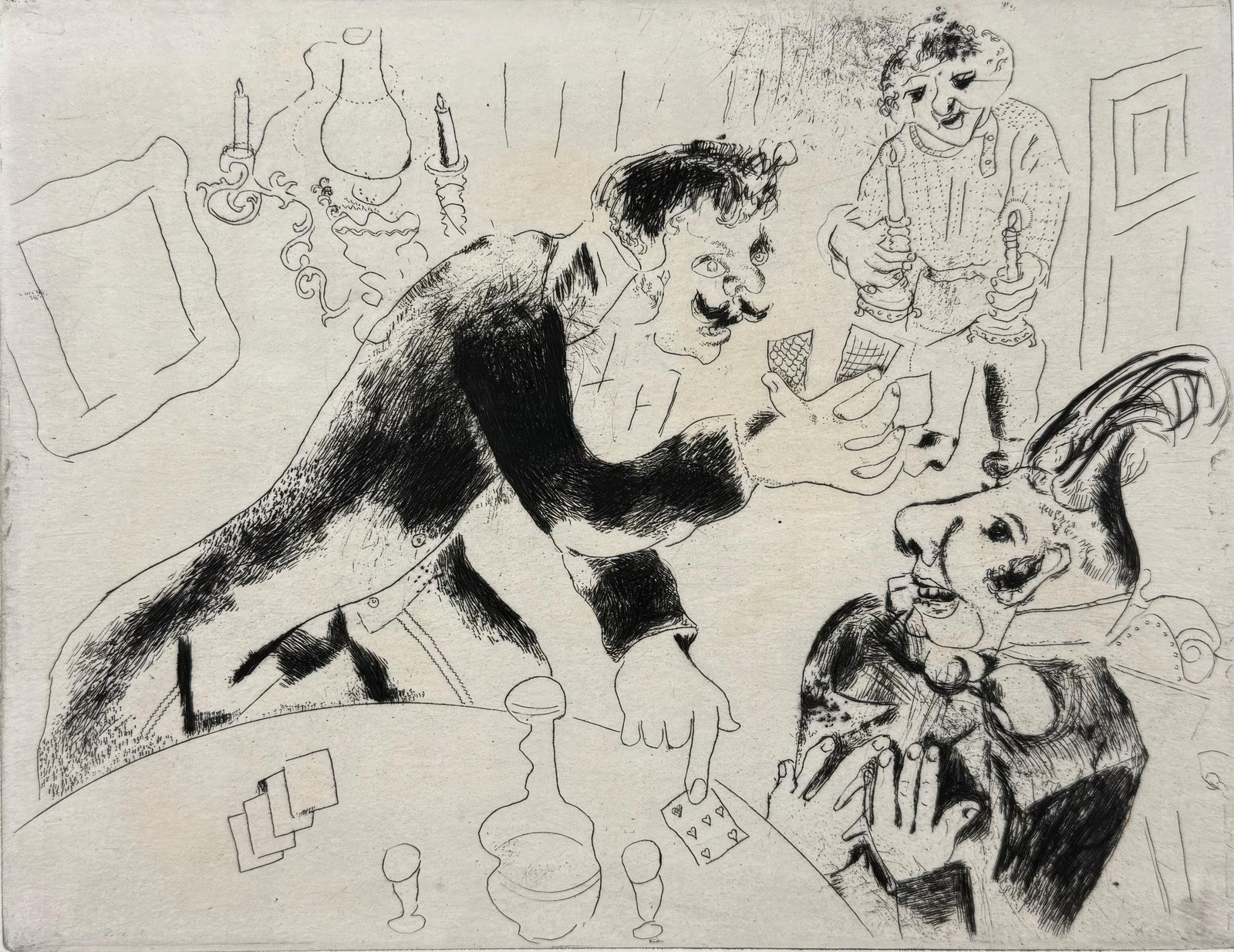Marc Chagall, The Playing Cards, from Dead Souls, Limited Edition Etching, 1923-1927: This exquisite etching by Marc Chagall (1887-1985), titled Les cartes a jouer (The Playing Cards), originates from the celebrated folio Nicolas Gogol, Les Ames mortes, Eaux-fortes originales de Marc C