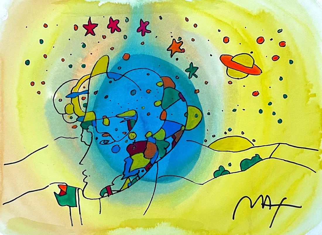 Peter Max, Galaxy Profile, Hand Signed, Mixed Media Watercolor and Silkscreen Painting: Watercolor and silkscreen on Fabriano velin paper. Paper size: 11 x 15 inches. Inscription: Hand signed in ink, as issued. Condition: Excellent. Notes: Published, printed, and painted by Peter Max, Ne