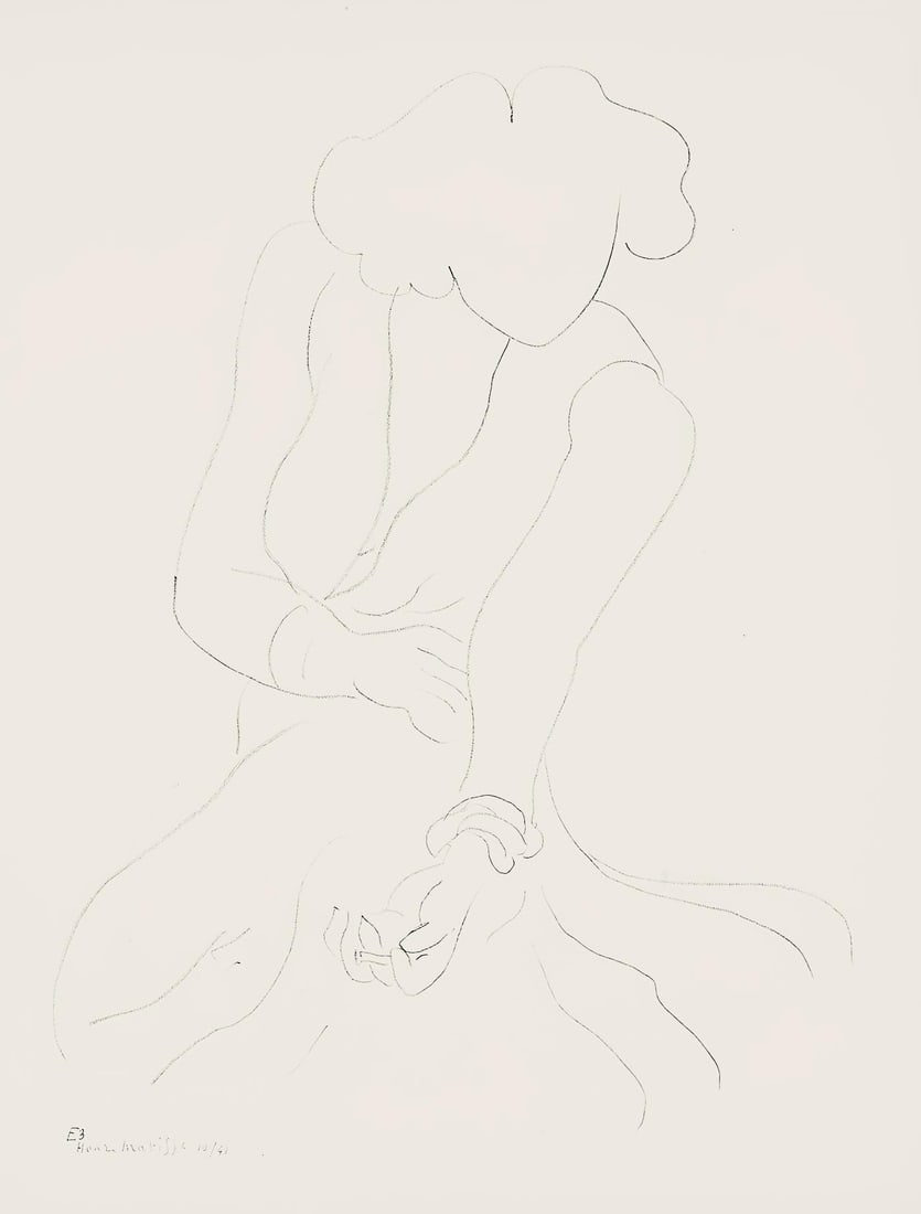 Henri Matisse, Serie E, var. 3 (Duthuit 9), Henri Matisse, Dessins, Themes et variations, Limited: Lithograph on velin pur fil paper. Paper Size: 12.875 x 9.625 inches. Excellent condition. Inscription: Signed in the plate and unnumbered, as issued. Notes: From the folio, Henri Matisse, Dessins,