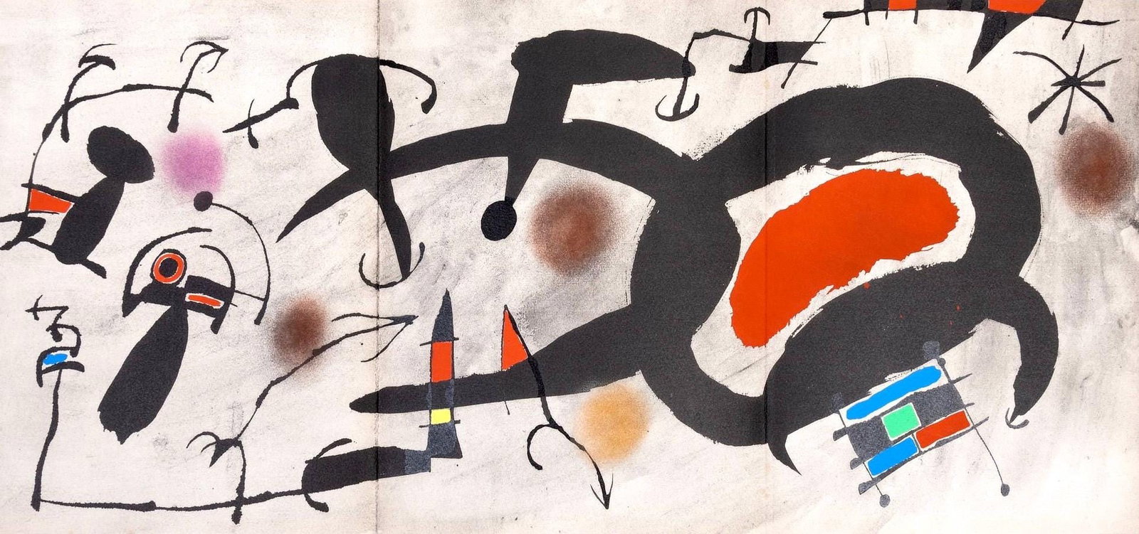Joan Miro, L'Oiseau solaire, L'Oiseau lunaire, Etincelles (Cramer 117; Dupin 447-48), Limited: Lithograph, stencil on velin d'Arches paper. Paper Size: 12.5 x 28.125 inches, with bifold, as issued. Inscription: Unsigned and unnumbered, as issued. Catalogue raisonne references: Cramer, Patrick,