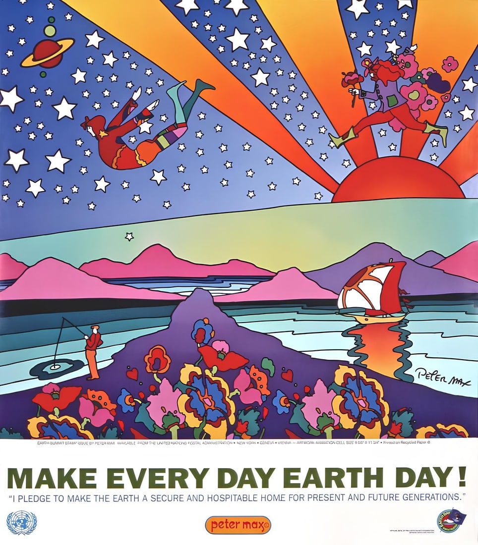 Peter Max, Earth Day, 1995, Hand Signed, Official Edition Offset Lithograph: Offset lithograph in colors on gloss archival paper. Paper size: 22 x 25 inches. Inscription: Hand signed by Peter Max in ink and unnumbered, as issued. Condition: Excellent. Notes: Published and