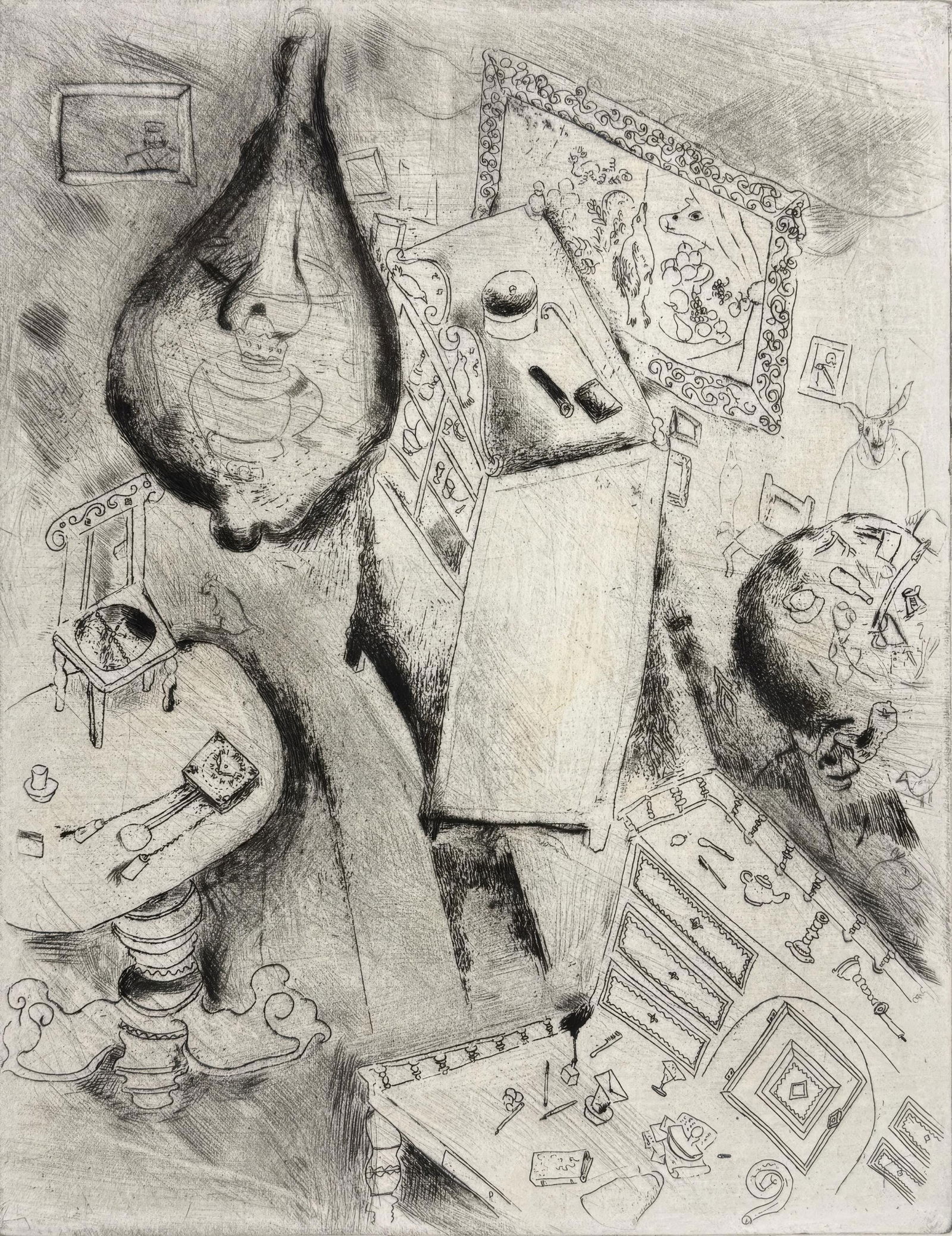 Marc Chagall, The Room of Pliouchkine, from Dead Souls, Limited Edition Etching, 1923-1927: This exquisite etching by Marc Chagall (1887-1985), titled La Chambre de Pliouchkine (The Room of Pliouchkine), originates from the celebrated folio Nicolas Gogol, Les Ames mortes, Eaux-fortes