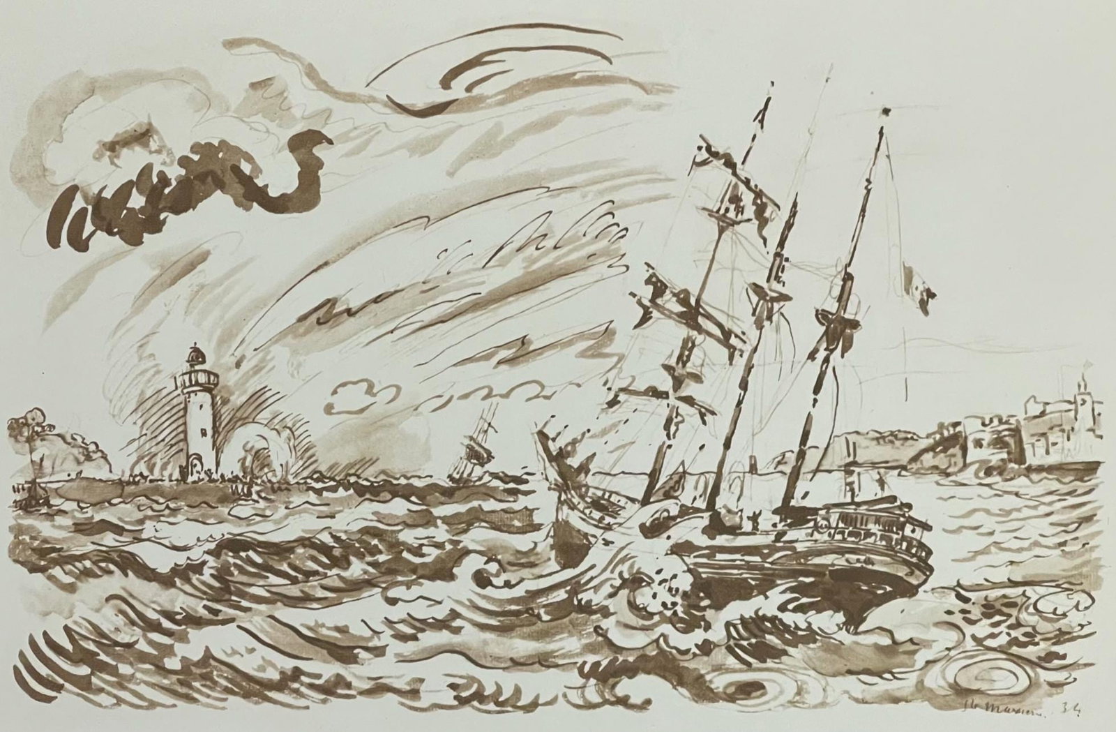 Paul Signac, Le trois-mats au plein, Signac Dessins, Limited Edition Lithograph: Lithograph on velin de Lana paper. Paper size: 9.75 x 12.5 inches. Excellent condition. Inscription: Unsigned and unnumbered, as issued. Notes: From the album, Signac Dessins, 1950. Published by