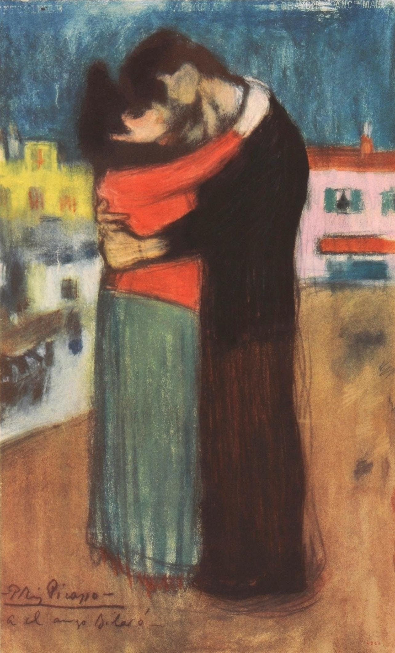 Pablo Picasso, Composition, Les Bleus de Barcelone, Limited Edition Lithograph: Lithograph and stencil with gouache and pastel inks on velin de Rives paper, archivally hinged on velin de Rives backing sheet, as issued. Paper size: 21.34 x 16.5 inches. Excellent condition. Inscrip