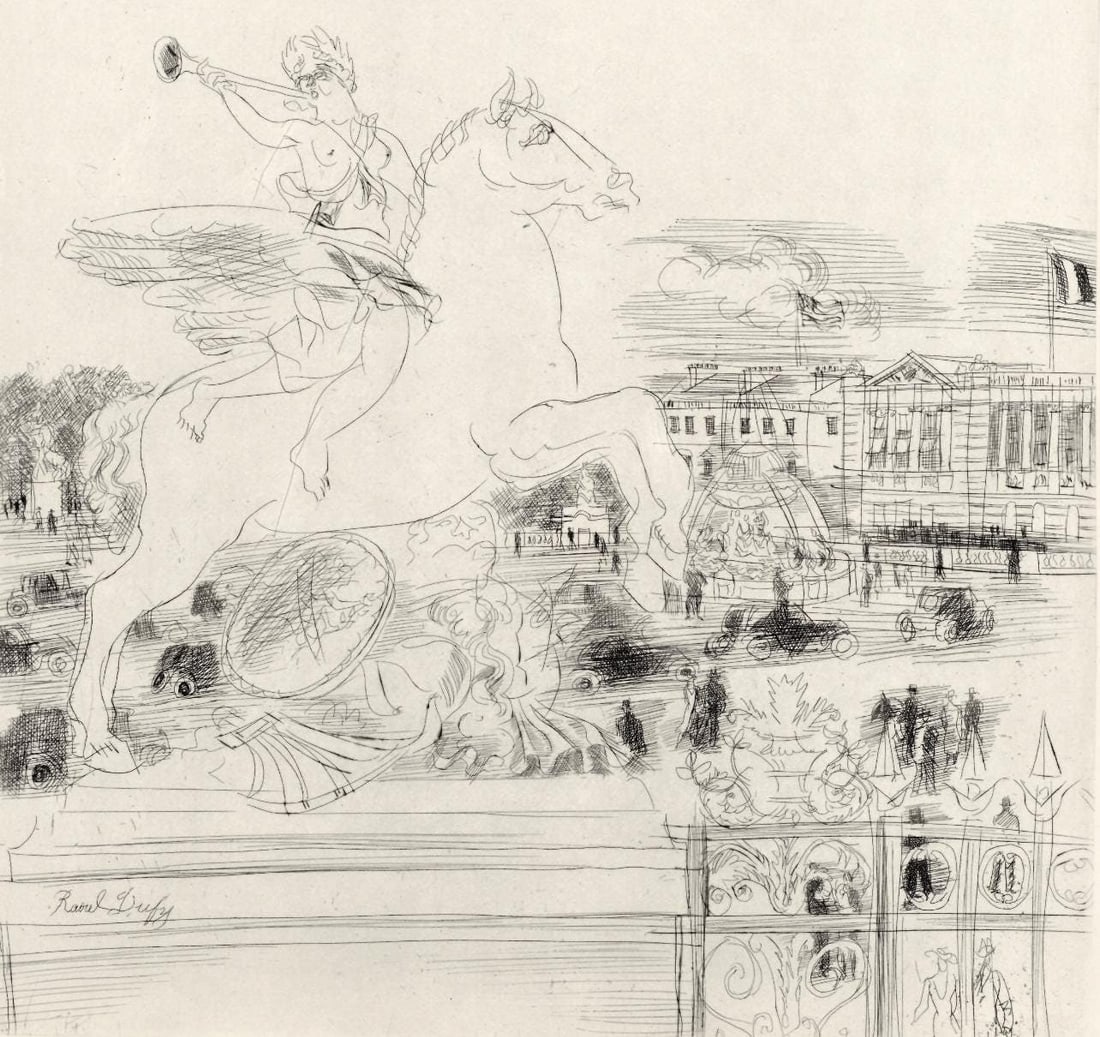 Raoul Dufy, Les Champs-Elysees, Place de la Concorde, A La gloire a Paris, Limited Edition Etching: Etching on velin Canson et Montgolfier paper. Unsigned and unnumbered. Paper Size: 13.5 x 10.5 inches. Excellent condition. Notes: From the folio, A La gloire a Paris, 1937. Published by L'Imprimerie