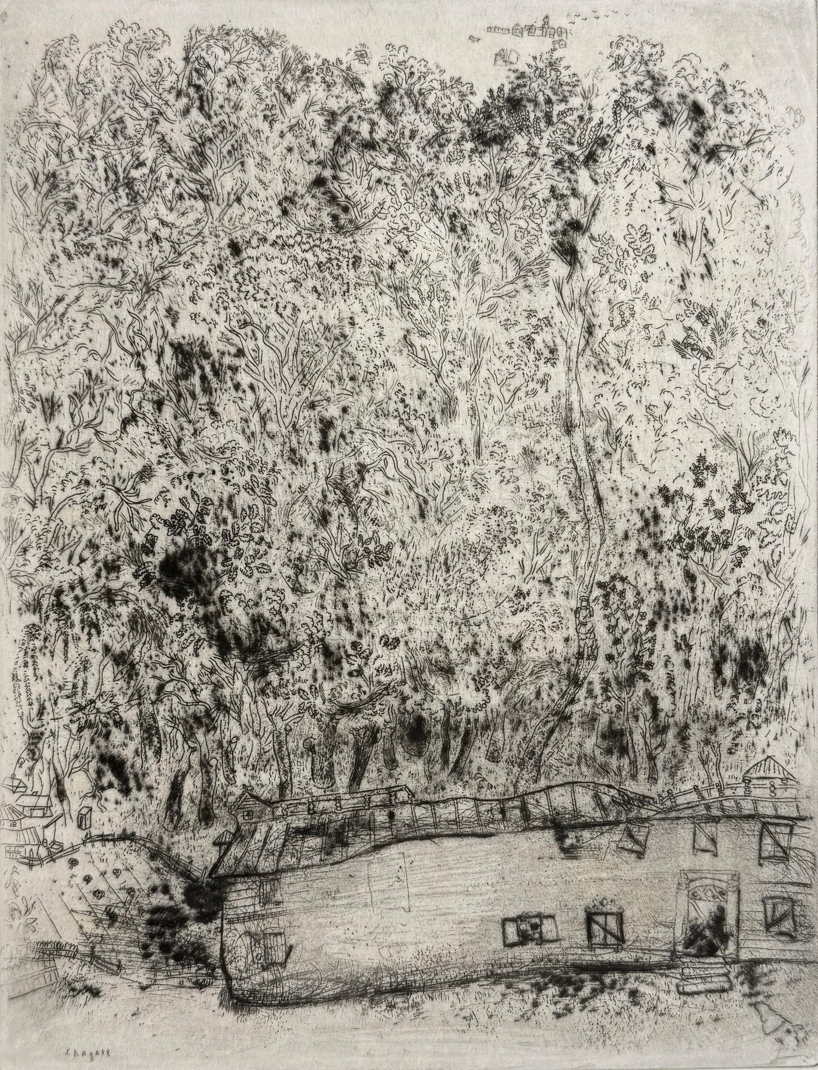 Marc Chagall, The Old Park of Pliouchkine, from Dead Souls, Limited Edition Etching, 1923-1927: This exquisite etching by Marc Chagall (1887-1985), titled Le vieux parc de Pliouchkine (The Old Park of Pliouchkine), originates from the celebrated folio Nicolas Gogol, Les Ames mortes, Eaux-fortes