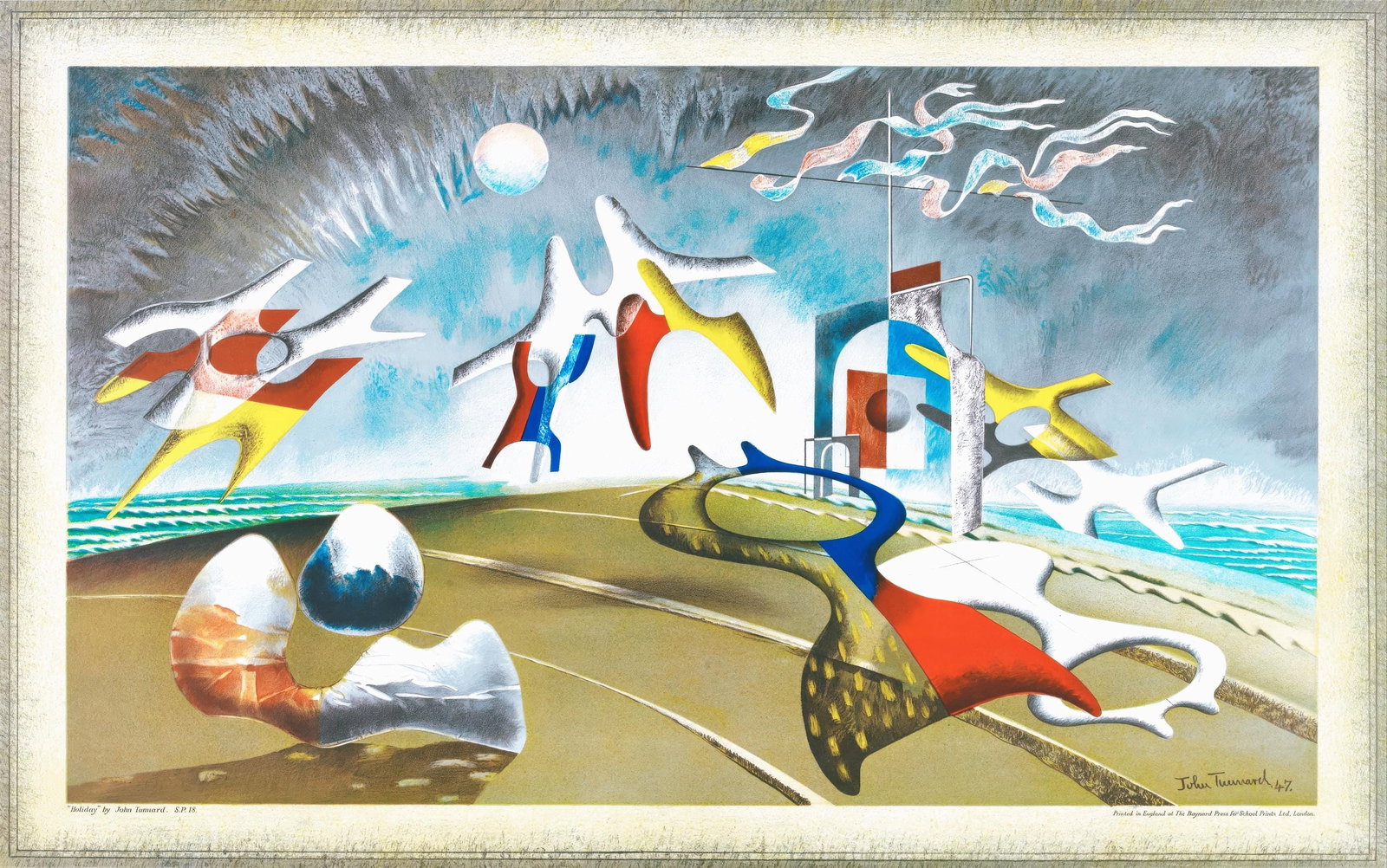 John Tunnard, Holiday, S.P.18., from School Prints Ltd., Limited Edition Lithograph, 1947: This exquisite lithograph by John Tunnard (1900-1971), titled Holiday, S.P.18., originates from the School Prints Ltd. series, published by School Prints Ltd., London, under the direction of Brenda Ra