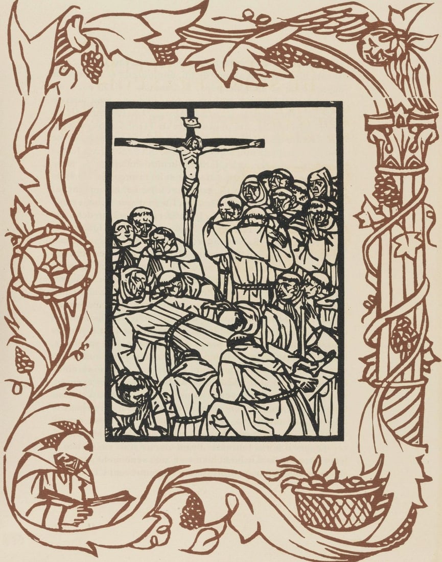 Emile Bernard, Composition (Morane, No. 100), Les Petites Fleurs de St. Francoise, Limited Edition: Wood engraving on verge d'Arches paper. Paper size: 12.8125 x 9.8125 inches. Excellent condition. Unsigned and unnumbered, as issued. Notes: From the volume, Les Petites Fleurs de St. Francois, 1928.