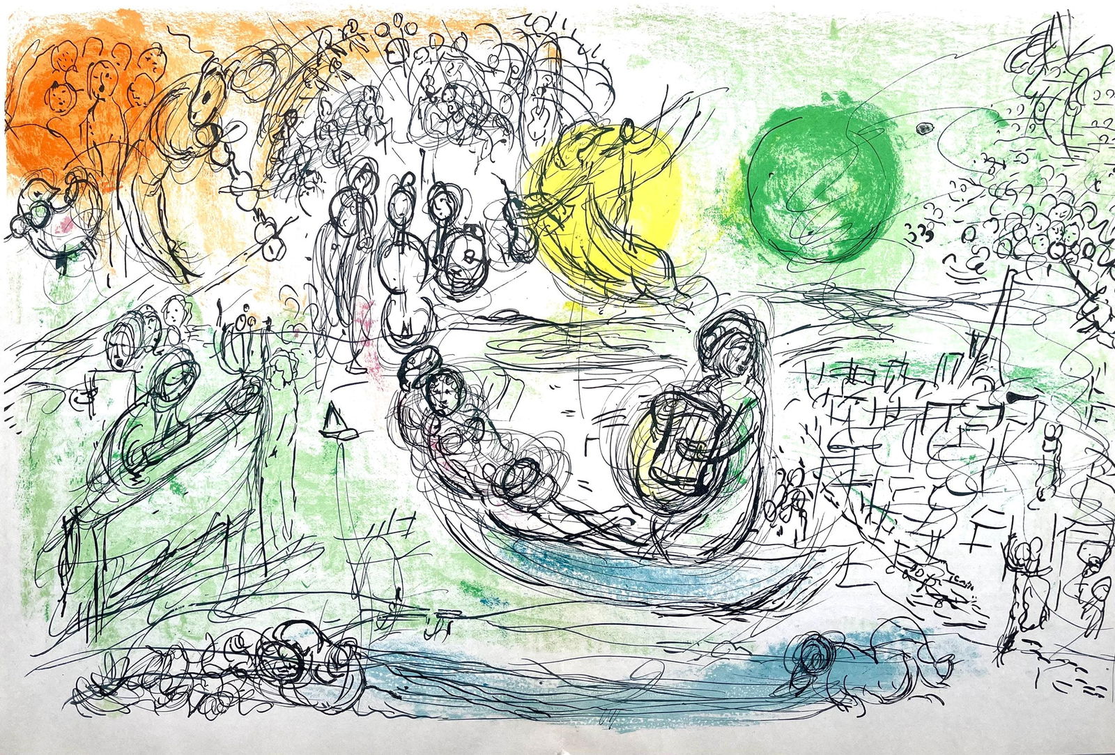 Marc Chagall, Composition (Cramer 33; Mourlot 176), Derriere le miroir, Limited Edition Lithograph: Lithograph on velin paper. Paper size: 15 x 22 inches. Excellent condition, with centerfold, as issued. Inscription: Unsigned and unnumbered, as issued. Notes: From Derriere le miroir, N deg 99-100.