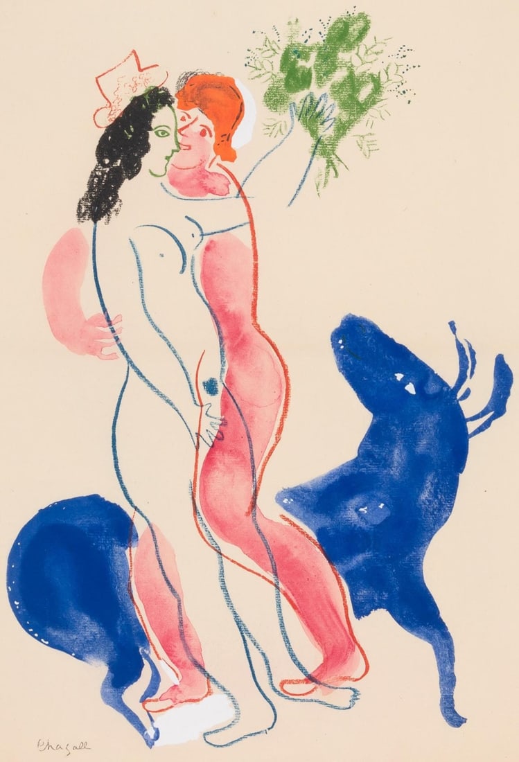 Marc Chagall, Composition, Couleur amour, Limited Edition Lithograph: Lithograph and stencil on velin papier a la cuve du Moulin Richard de Bas specialement filigrane pour cette edition paper. Paper size: 19.69 x 15.75 inches. Excellent condition. Signed in the plate