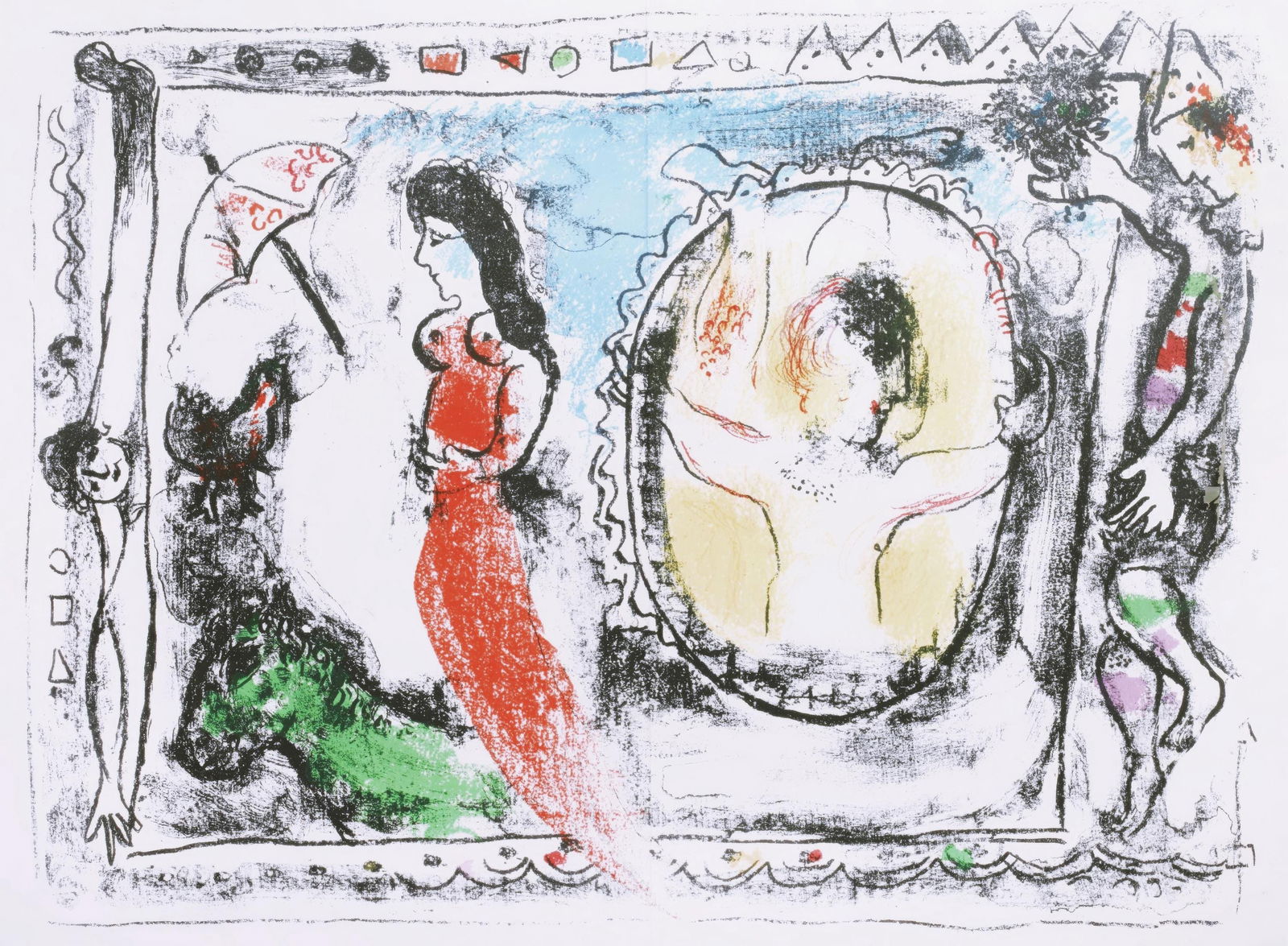 Marc Chagall, Behind the Looking Glass, from Derriere le miroir, Limited Edition Lithograph, 1964: This exquisite lithograph by Marc Chagall (1887-1985), titled Derriere le miroir (Behind the Looking Glass), from the folio Derriere le miroir, No. 147, originates from the 1964 edition published by