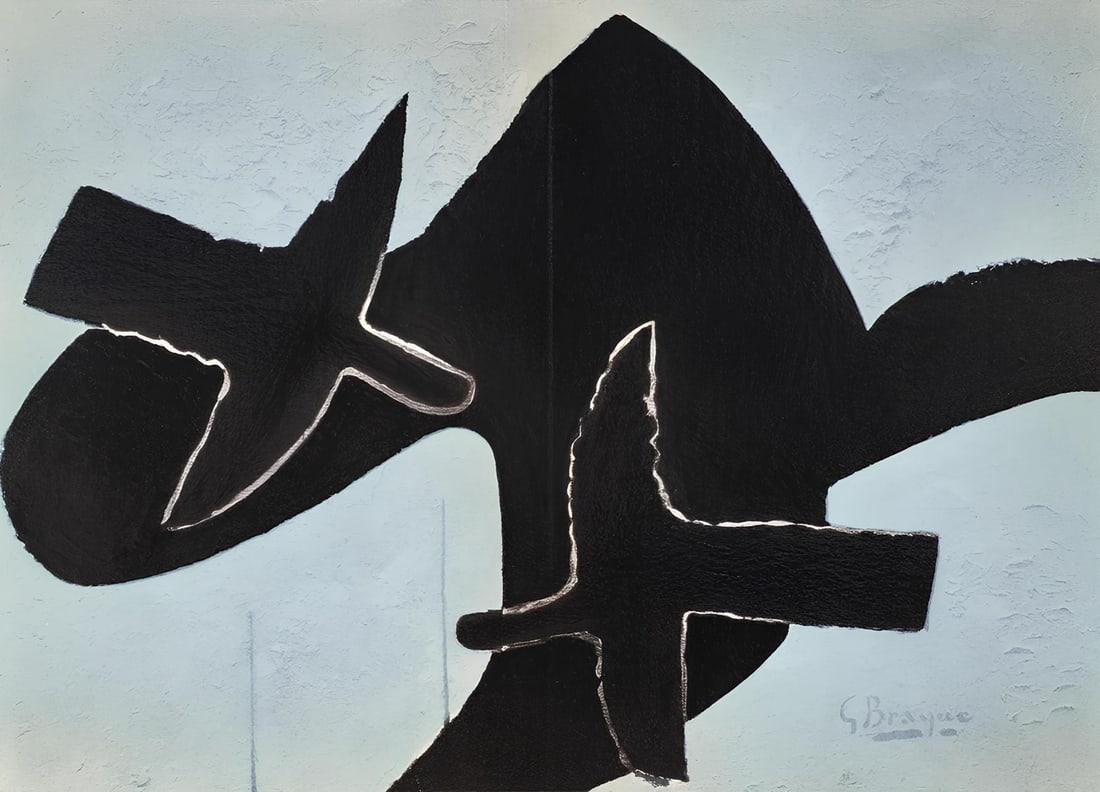 Georges Braque, Composition, Derriere le miroir, Limited Edition Lithograph: Lithograph on velin paper. Paper size: 15 x 22 inches. Excellent condition, with centerfold, as issued. Inscription: Unsigned and unnumbered, as issued. Notes: From Derriere le miroir, N deg 107-108-1