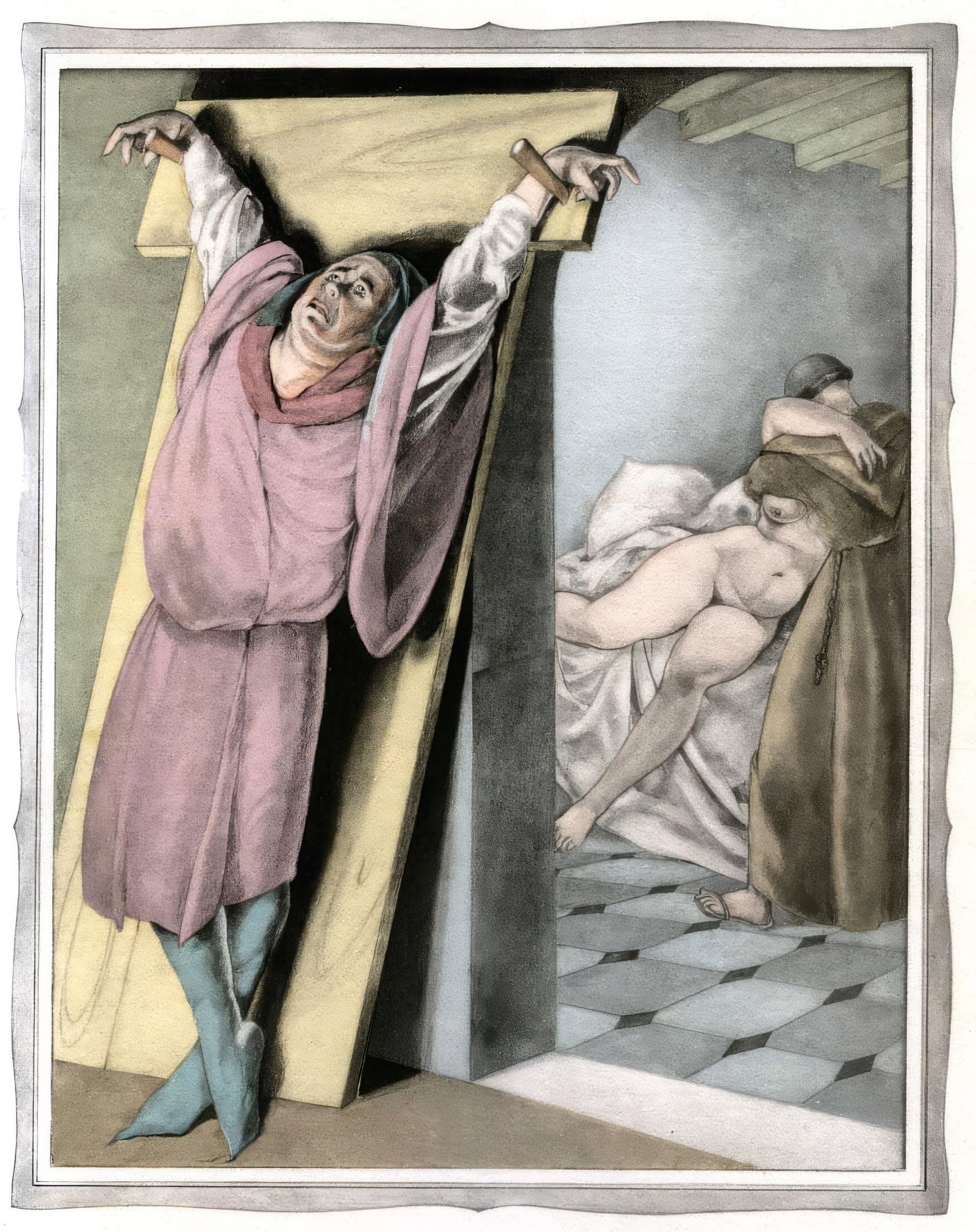 Umberto Brunelleschi, Untitled, from The Tales of Boccaccio, Limited Edition Lithograph and Pochoir,: This exquisite lithograph and pochoir by Umberto Brunelleschi (1879-1949), titled Sans titre (Untitled), originates from the celebrated album Les contes de Boccace (The Tales of Boccaccio), published