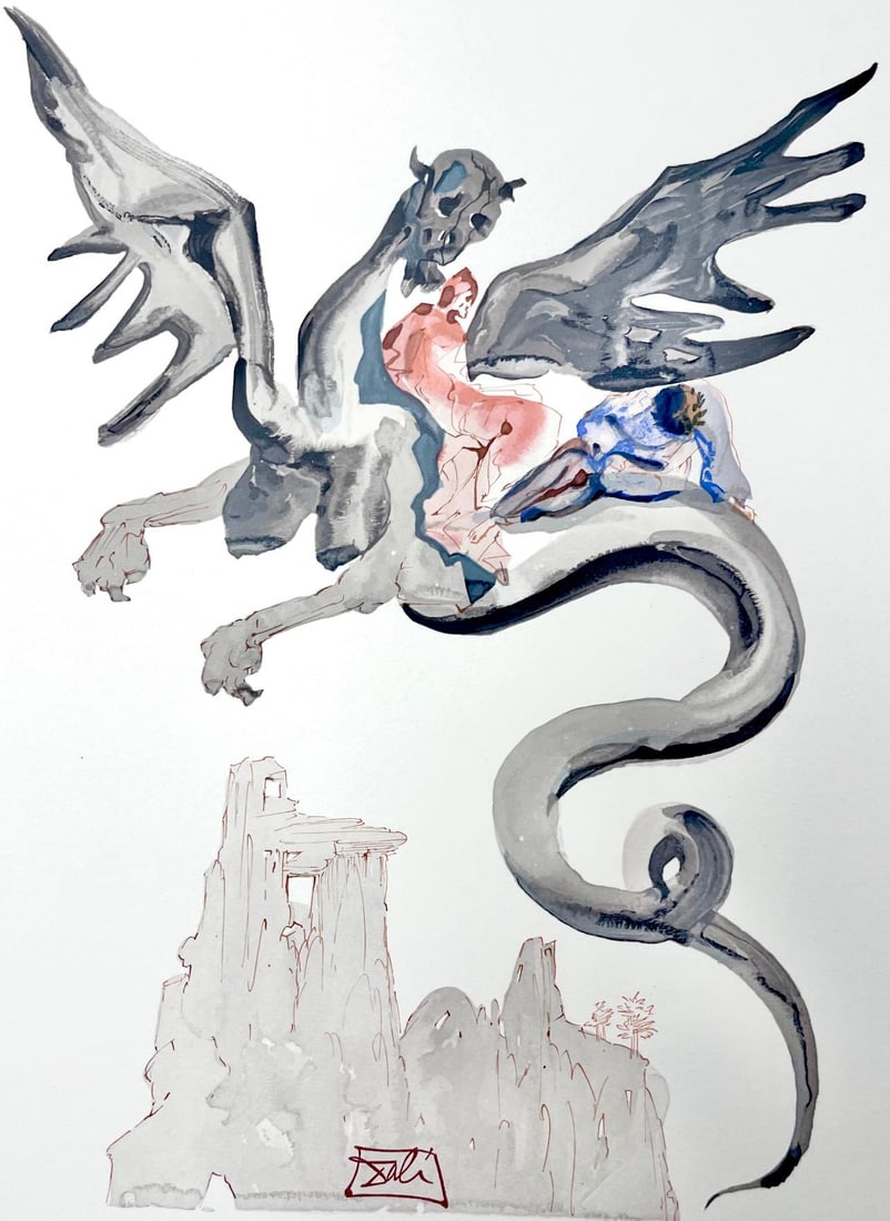 Salvador Dali, Holle XVII (Michler/Lopsinger 1039-1138; Field 189-200), Die Gottliche Komodie,: Woodcut in colors on velin de Rives BFK paper, mounted on velin d'Arches support, as issued. Paper size: 13 x 10.375 inches. Inscription: Signed in the block, and unnumbered, as issued. Catalogue rais