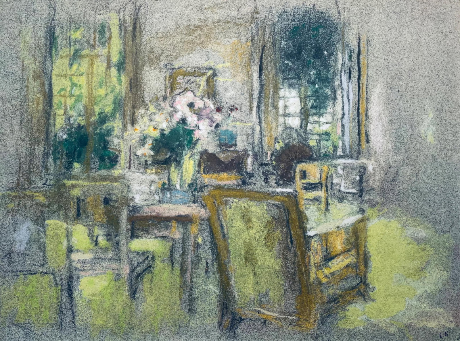 Jean-Edouard Vuillard, The Salon at Clayes, from Vuillard, Twelve Pastels, Limited Edition: This exquisite lithograph and pochoir by Jean-Edouard Vuillard (1868-1940), titled Le Salon aux Clayes (The Salon at Clayes), from the folio Vuillard, Douze Pastels (Vuillard, Twelve Pastels), origina