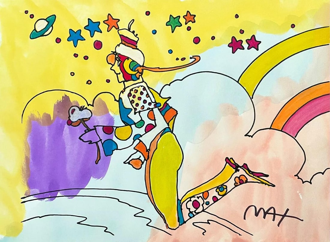 Peter Max, Superbly Free, Hand Signed, Mixed Media Watercolor and Silkscreen Painting: Watercolor and silkscreen on Fabriano velin paper. Paper size: 11 x 15 inches. Inscription: Hand signed in ink, as issued. Condition: Excellent. Notes: Published, printed, and painted by Peter Max, Ne