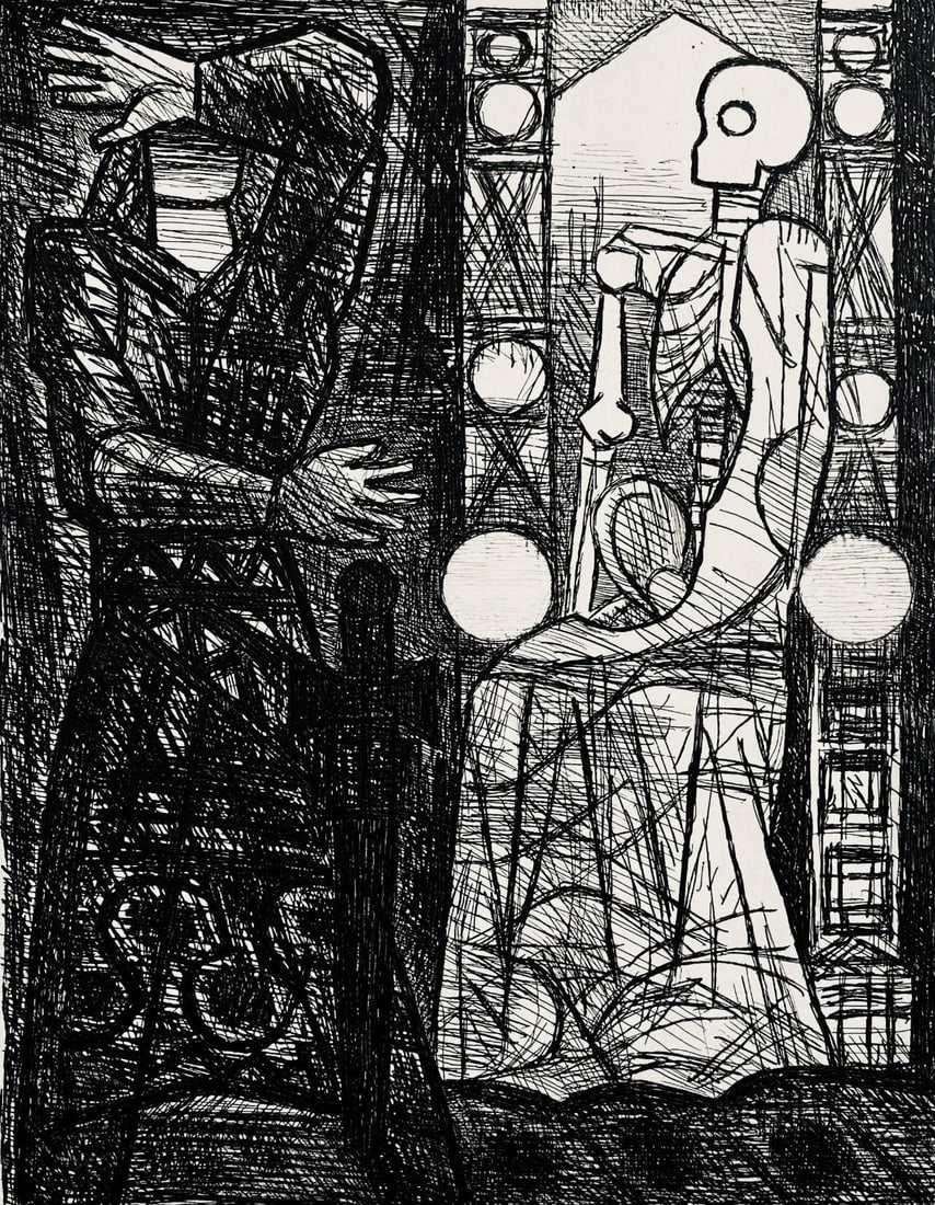 Marcel Gromaire, Le Spectre De Banquo, Scene XIII, Shakespeare, Macbeth, Eaux-fortes de Gromaire,: Etching on velin de Rives paper. Unsigned and unnumbered, as issued. Paper Size: 16 x 12 inches. Excellent condition. Notes: From the folio, Shakespeare, Macbeth, Eaux-fortes de Gromaire, 1958. Publis