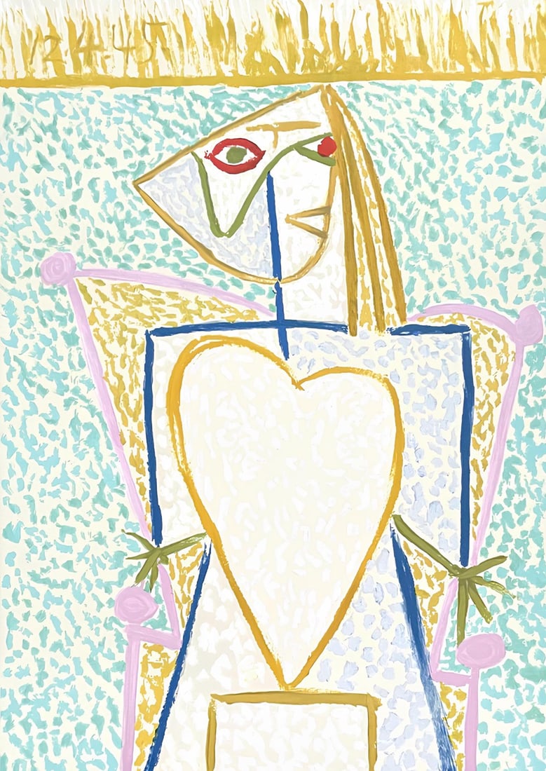 Pablo Picasso, Femme au Buste en Coeur, Marina Picasso Collection, Official Limited Edition: Lithograph on velin d'Arches paper. Inscription: Facsimile signed and numbered in pencil, as issued. Paper Size: 29.5 x 21.25 inches. Excellent condition. Notes: From the Marina Picasso Collection. Pu
