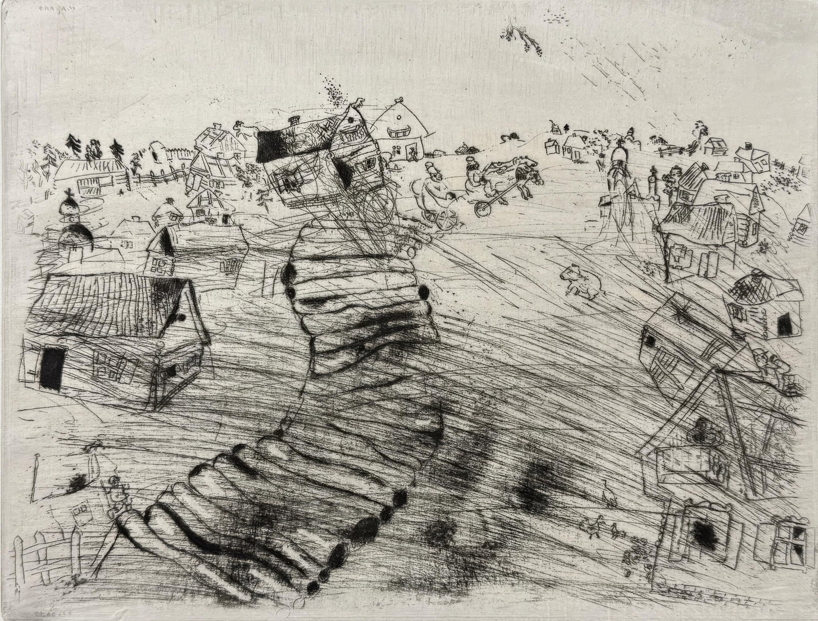 Marc Chagall, The Village of Plyushkin, from Dead Souls, Limited Edition Etching, 1923-1927: This exquisite etching by Marc Chagall (1887-1985), titled Le Village de Pliouchkine (The Village of Plyushkin), originates from the celebrated folio Nicolas Gogol, Les Ames mortes, Eaux-fortes origin