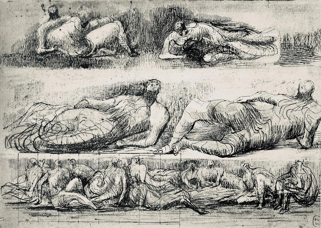 Henry Moore, Reclining Figures, The Drawings of Henry Moore, Limited Edition Lithograph: Lithograph on velin paper. Paper size: 12.5 x 13.5 inches. Excellent condition. Unsigned and unnumbered, as issued. Notes: From the folio, The Drawings of Henry Moore, 1946. Published by Curt Valentin
