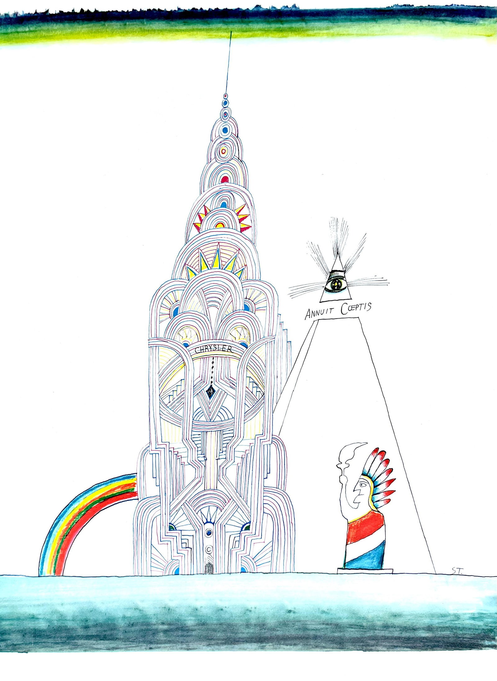 Saul Steinberg, Chrysler Building, New York City, Derriere le miroir, Limited Edition Lithograph: Lithograph on velin paper. Paper Size: 15 x 11 inches. Excellent condition. Inscription: Unsigned and unnumbered, as issued. Notes: From Derriere le miroir, N deg 157, 1966. Published by Aime Maeght,