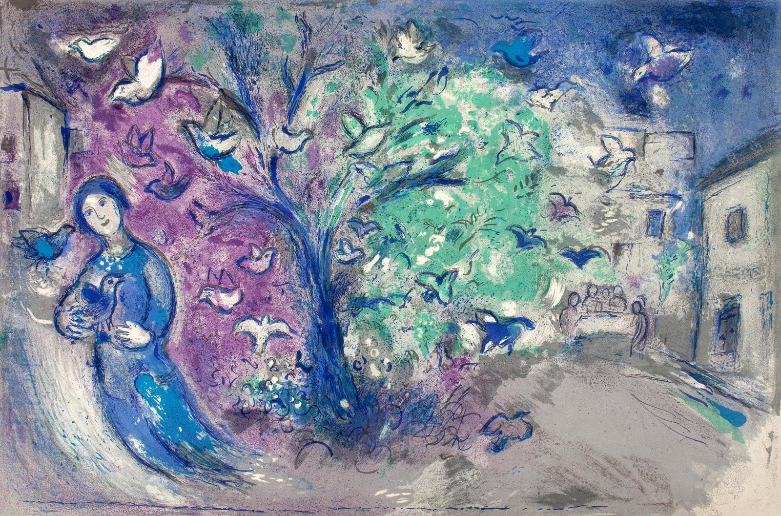 Marc Chagall, La Chasse aux Oiseaux, Daphnis et Chloe, Limited Edition Heliogravure: Heliogravure on velin paper. Paper Size: 12.5 x 19 inches, with centerfold, as issued. Inscription: Unsigned and unnumbered, as issued. Condition: Very good/excellent, consistent with age. Notes: