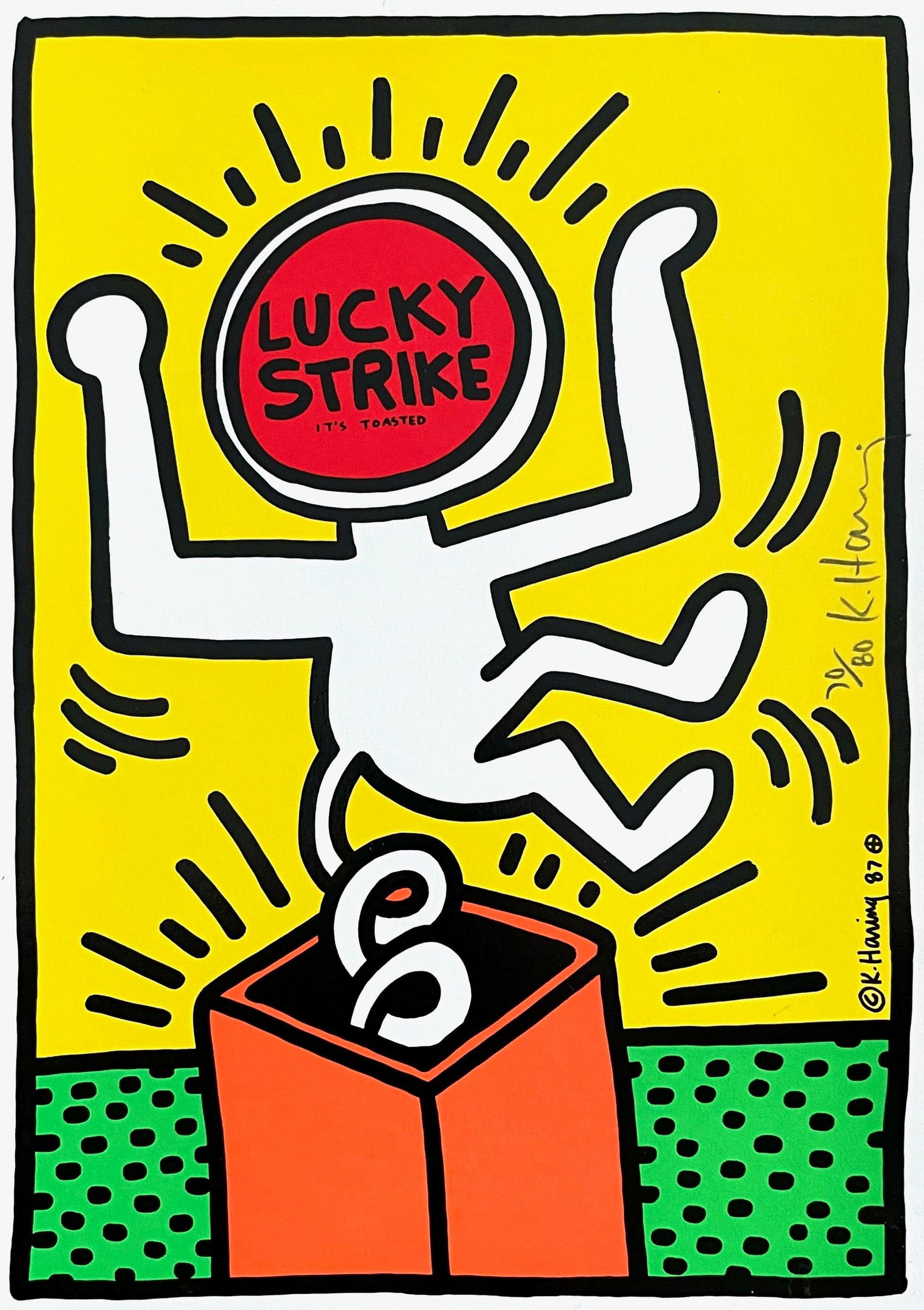 Keith Haring, Lucky Strike (Littmann P. 78), Limited Edition Silkscreen: Silkscreen on Arches cotton rag paper. Paper Size: 11.5 x 8.25 inches. Inscription: Hand signed and numbered, 70/80, and signed in the plate, as issued. Catalogue raisonne reference: Haring, Keith,