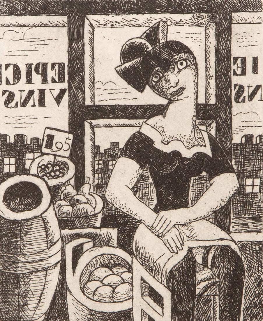 Marcel Gromaire, Composition, Vers un monde volage, Limited Edition Etching: Etching on velin d'Arches paper. Paper size: 11 x 8.75 inches. Excellent condition. Inscription: Unsigned and unnumbered, as issued. Notes: From the album, Vers un monde volage. Illustre de dix eaux-f