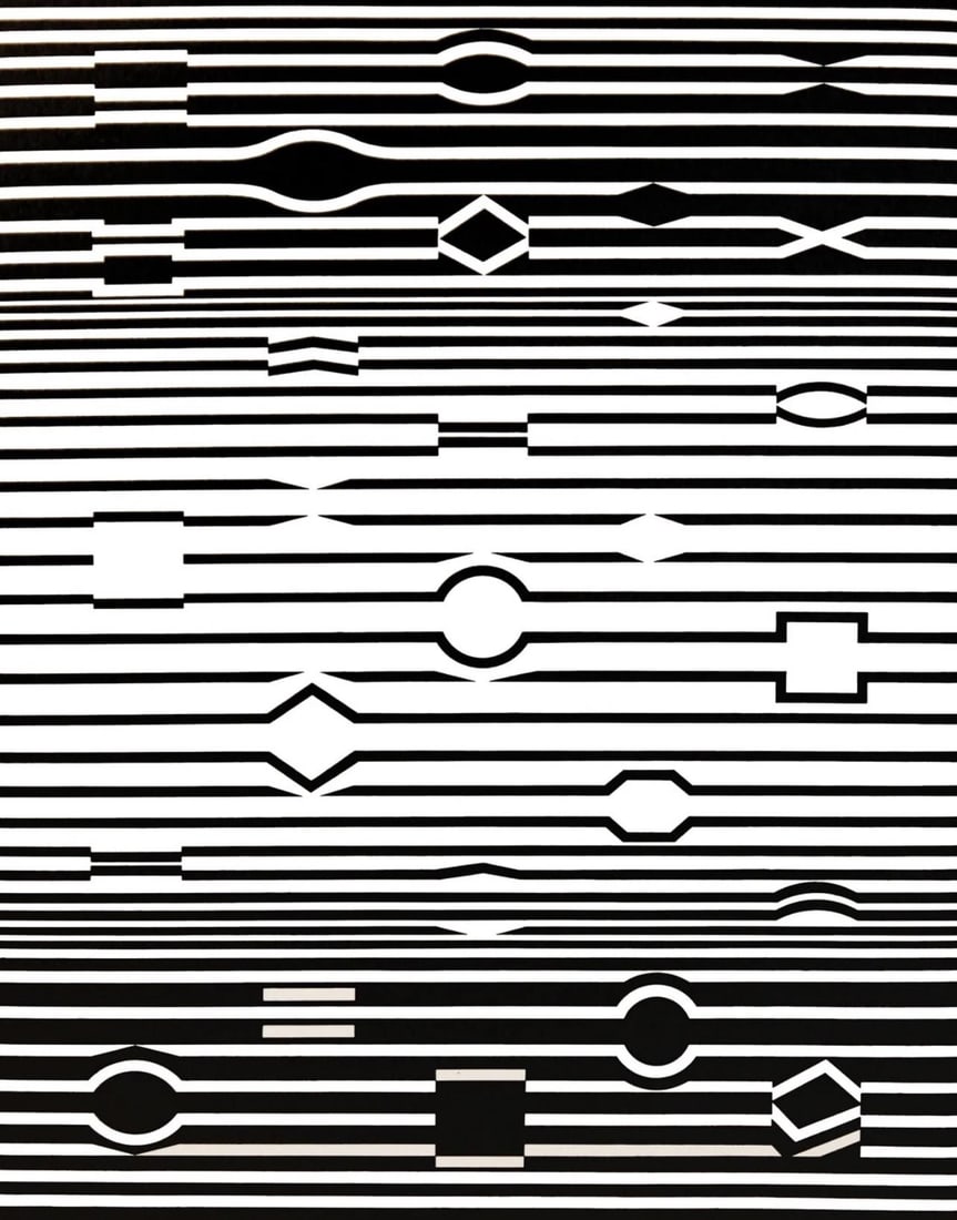 Victor Vasarely, Composition, Ondulatoires, Limited Edition Heliogravure: Heliogravure on 280 gm M2 gloss paper. Paper Size: 11.61 x 9.25 inches. Excellent condition. Notes: From the folio, Ondulatoires, 1973. Published and printed by Editions du Griffon, Neuchatel,