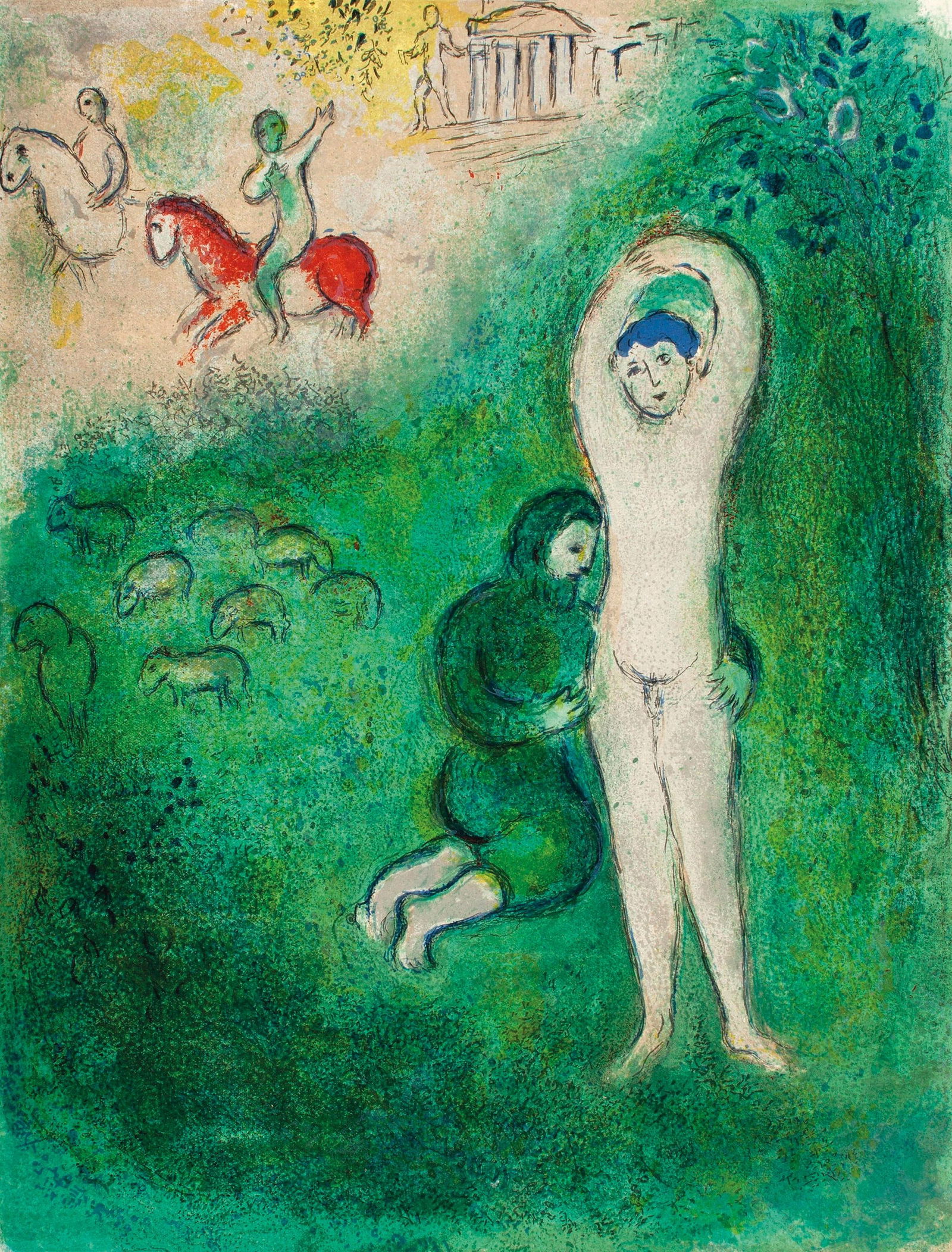 Marc Chagall, Daphnis et Gnathon, Daphnis et Chloe, Limited Edition Heliogravure: Heliogravure on velin paper. Paper Size: 12.5 x 9.5 inches. Inscription: Unsigned and unnumbered, as issued. Condition: Very good/excellent, consistent with age. Notes: From the album, Daphnis and