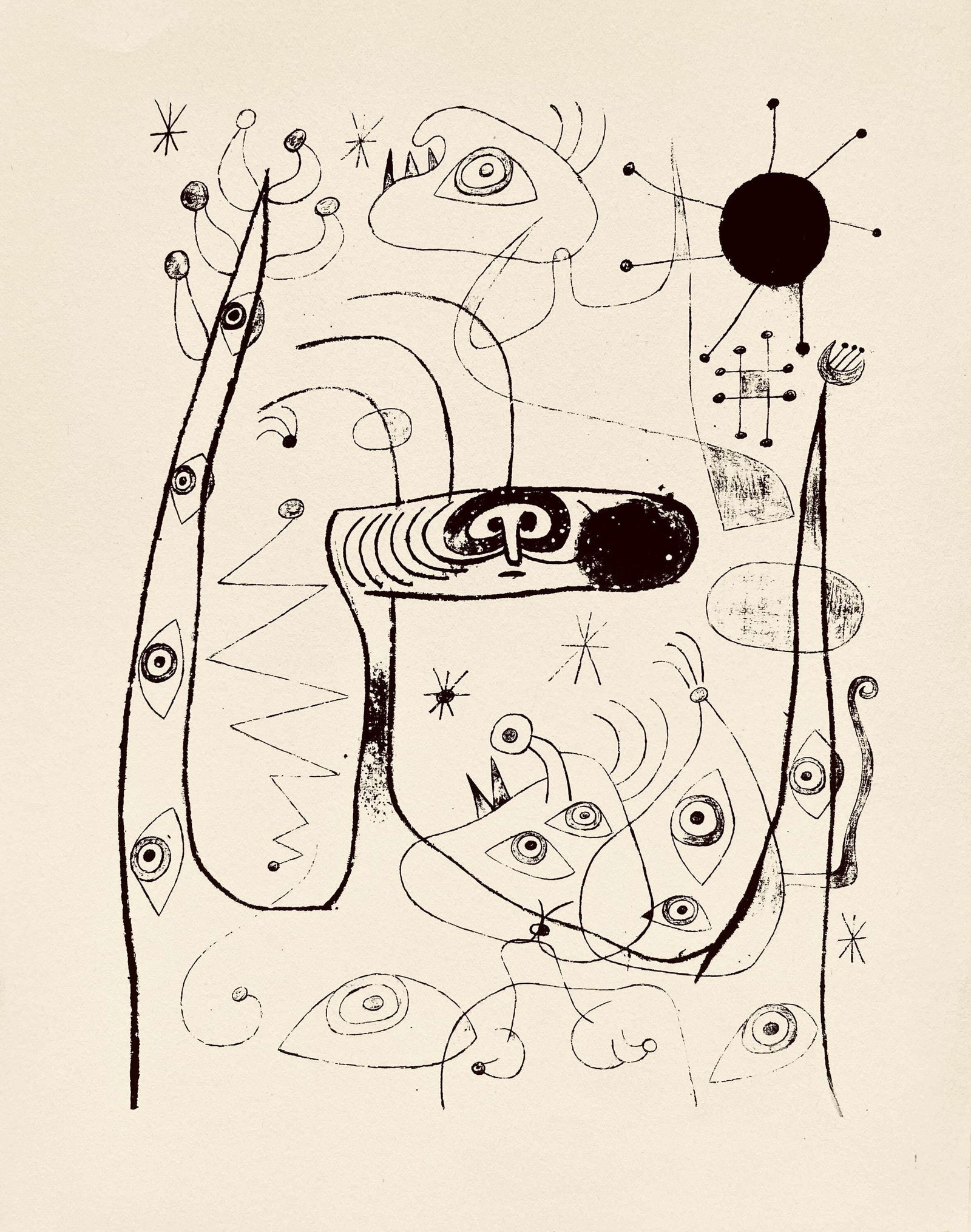 Joan Miro, Composition, The Prints of Joan Miro, Limited Edition Etching: Etching on velin paper. Inscription: Unsigned and unnumbered, as issued. Paper Size: 11 x 8.5 inches. Excellent condition. Notes: From the folio, The Prints of Joan Miro, Fall, 1947. Published by