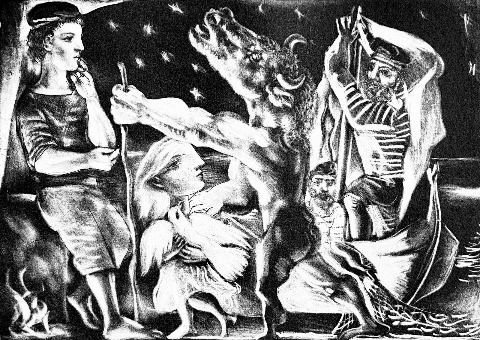 Pablo Picasso, Minotaure aveugle guide par une Fillette, Suite Vollard, Fac-simile Signed, Limited: Lithograph on velin blanc narcisse, verge canton, 200 g/m2 Richard de Bas paper. Paper size: 12.75 x 18 inches. Inscription: Fac-simile signed and hand numbered, as issued. Condition: Excellent. Notes