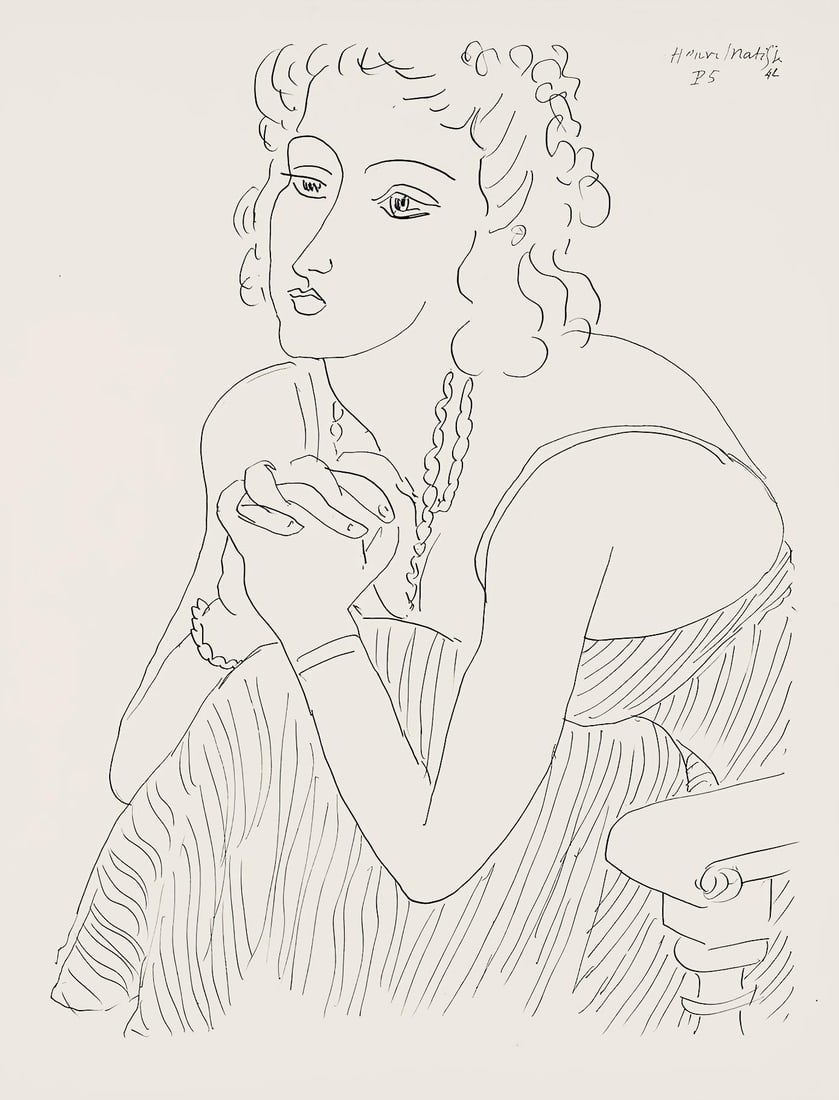 Henri Matisse, Serie P, var. 5 (Duthuit 9), Henri Matisse, Dessins, Themes et variations, Limited: Lithograph on velin pur fil paper. Paper Size: 12.875 x 9.625 inches. Excellent condition. Inscription: Signed in the plate and unnumbered, as issued. Notes: From the folio, Henri Matisse, Dessins, Th