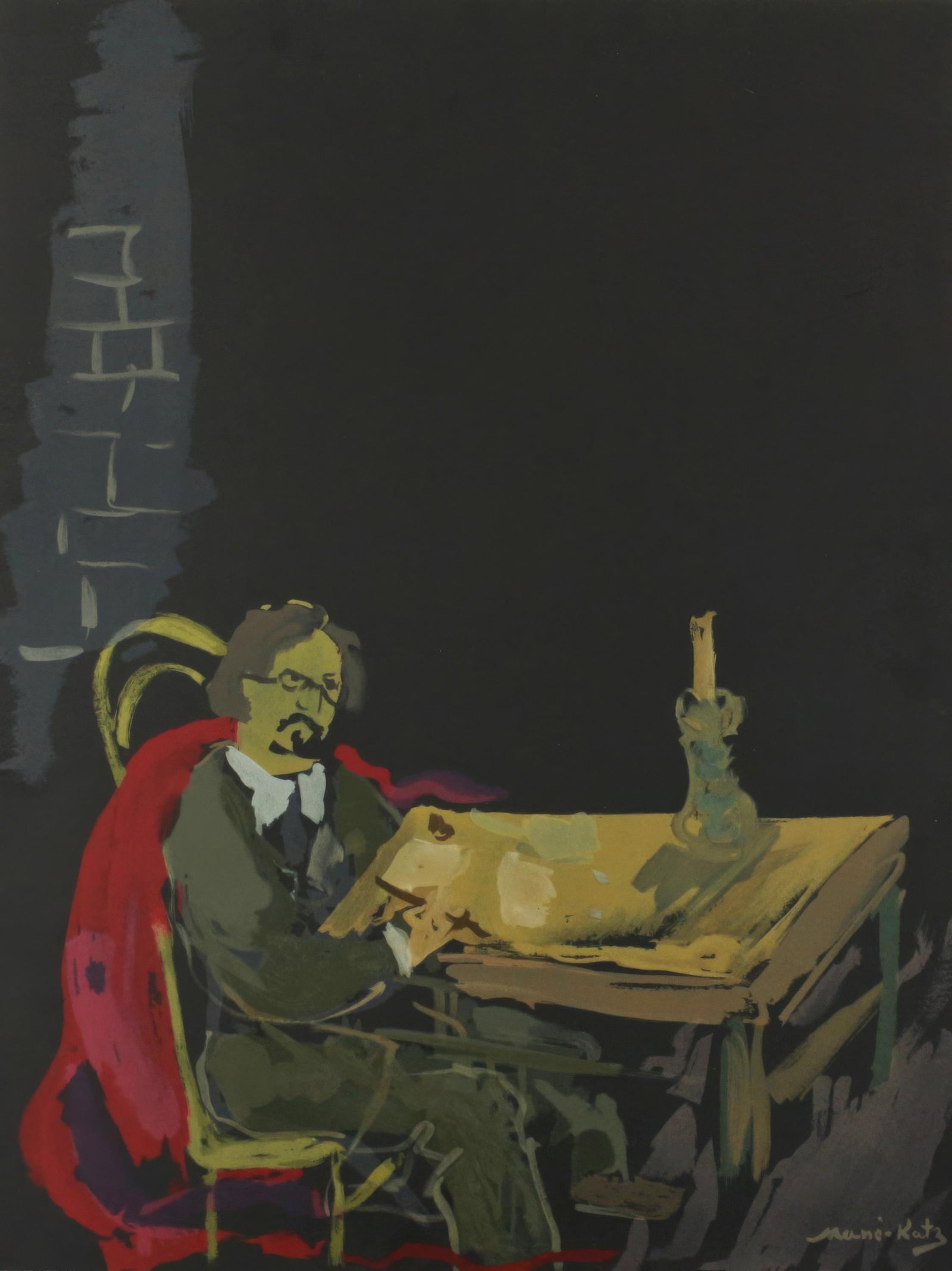 Emmanuel Mane-Katz, Portrait of the Author, from Mane-Katz, Twelve Lithographs for Stempeniou,: This exquisite lithograph by Emmanuel Mane-Katz (1894-1962), titled Portrait de l'auteur (Portrait of the Author), from the folio Mane-Katz, Douze Lithographies pour Stempeniou de Cholem Aleikhem (Man