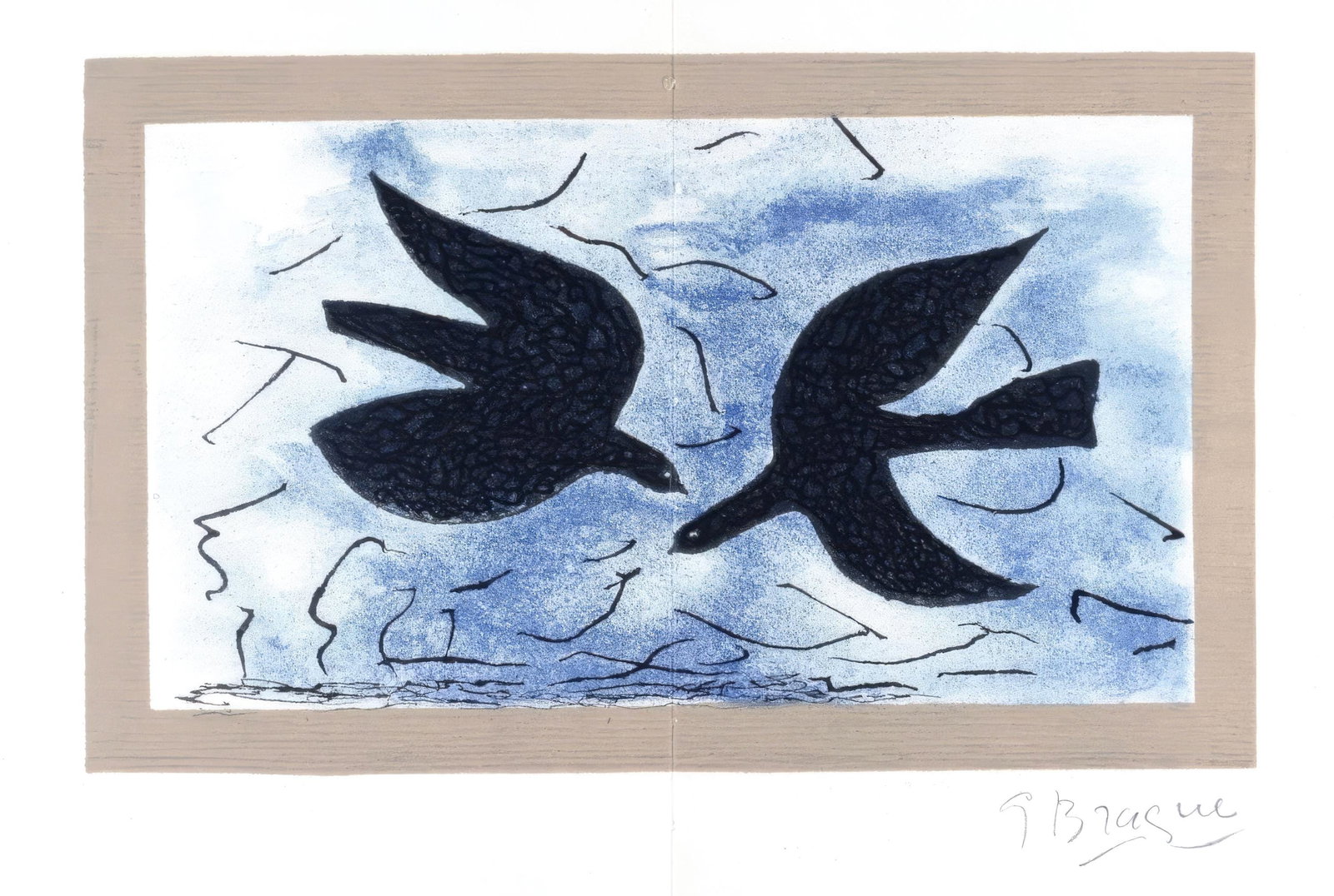 Georges Braque, Flight of Birds, from Derriere le miroir, Maeght Editeur, Limited Edition: This exquisite lithograph after Georges Braque (1882-1963), titled Vol d'oiseaux (Flight of Birds), from the album Lithographies et eaux-fortes originales, livres illustres originaux, affiches, Derrie