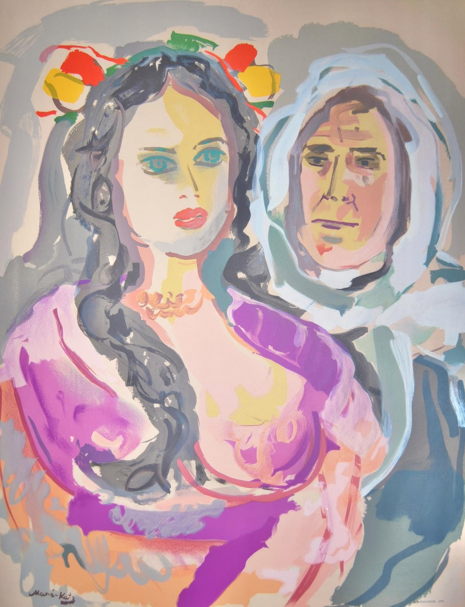 Emmanuel Mane-Katz, Freidl and Her Mother, from Twelve Lithographs for Stempeniou, Limited Edition: This exquisite lithograph by Emmanuel Mane-Katz (1894-1962), titled Freidl et sa mere (Freidl and Her Mother), from the folio Mane-Katz, Douze Lithographies pour Stempeniou de Cholem Aleikhem (Mane-Ka