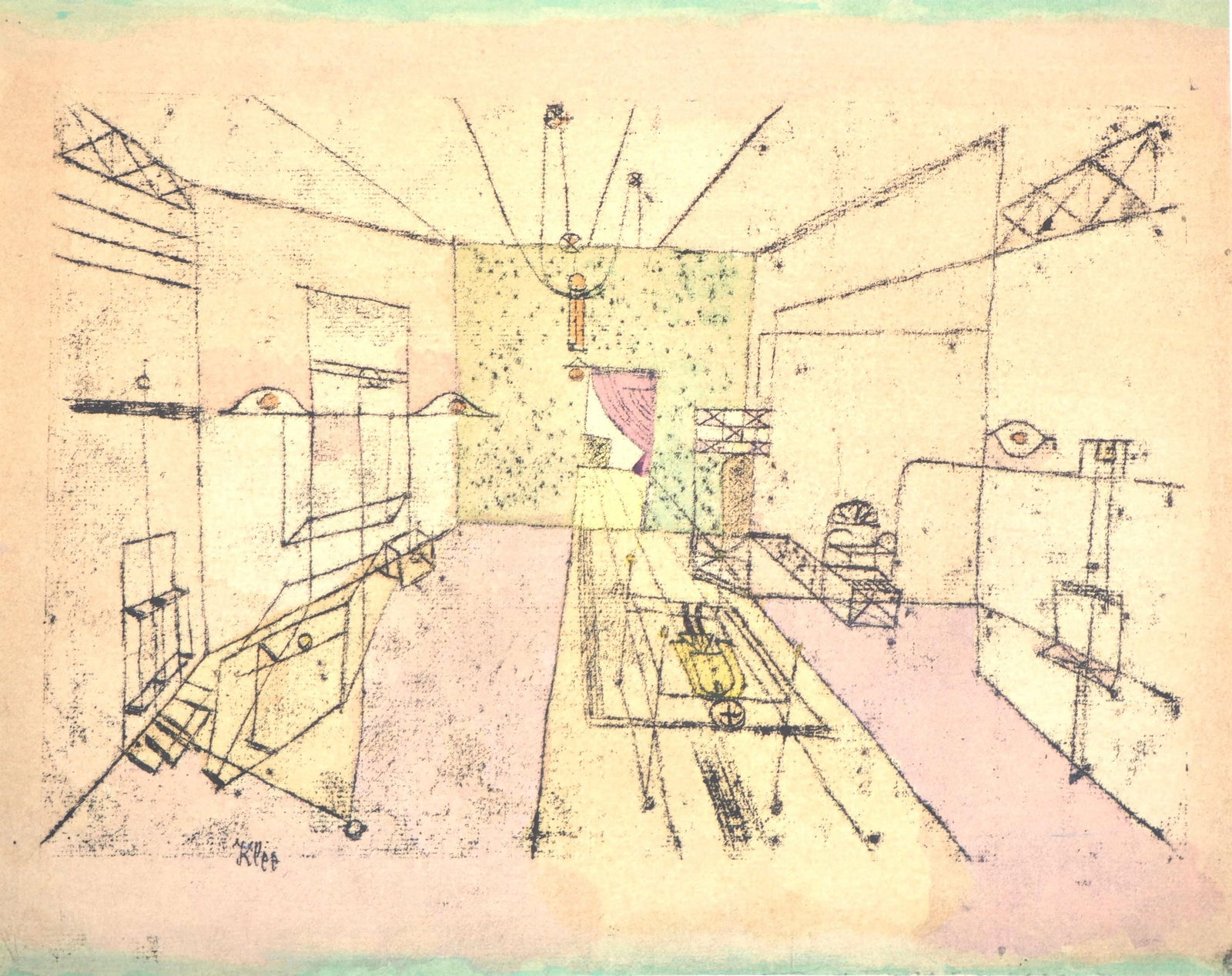 Paul Klee, Perspectiv-Spuk, 12 aquarelles, Limited Edition Lithograph and Pochoir, 1964: Lithograph and pochoir on velin de Rives paper. Signed in the plate and unnumbered, as issued. Paper Size: 19.69 x 14.96 inches. Condition: Very good/excellent, consistent with age. Notes: From the