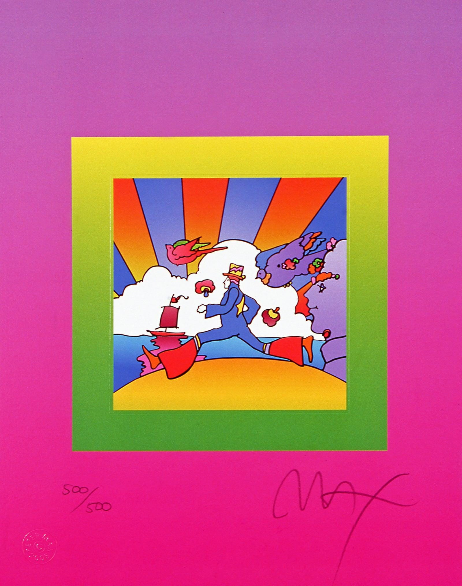 Peter Max, Cosmic Runner on Blends, Hand Signed, Official Limited Edition Lithograph: Lithograph in colors on fine archival paper. Paper size: 12.75 x 10 inches. Inscription: Hand signed by Peter Max and numbered, as issued. Condition: Excellent. Notes: Published and printed by Via Max