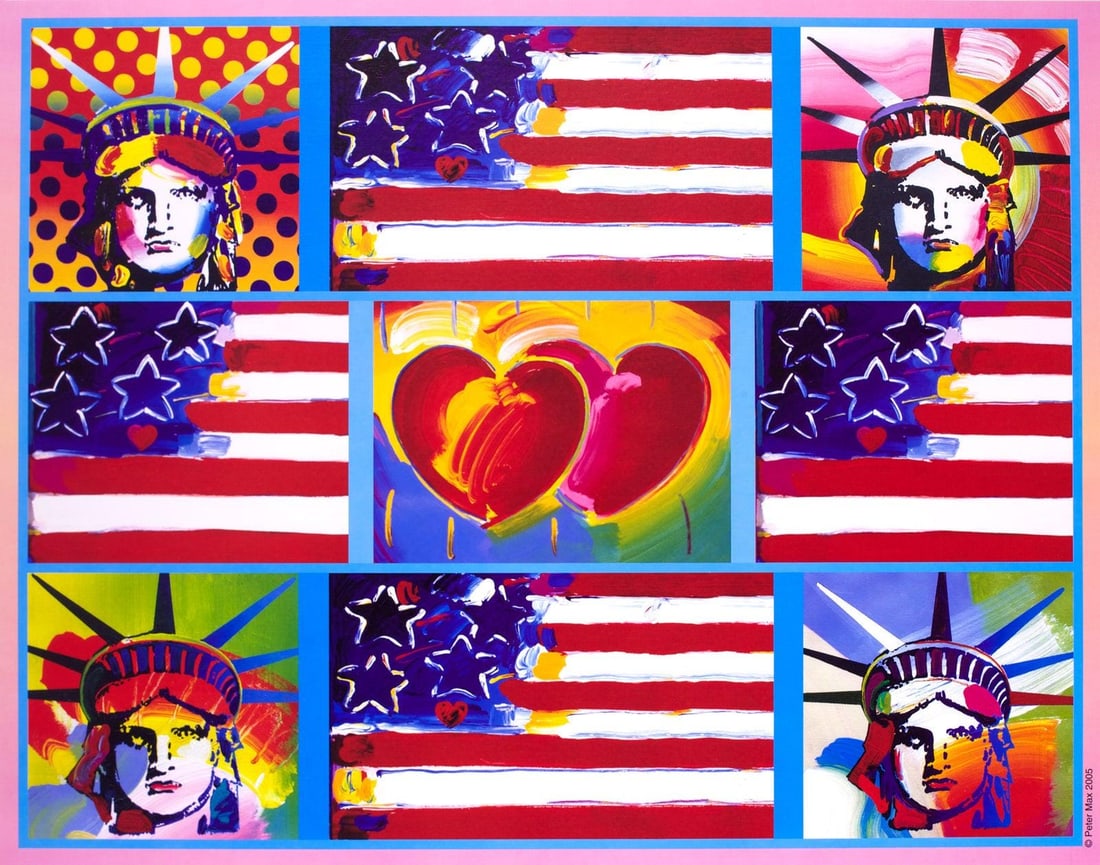 Peter Max, 4 Liberty Heads, 2005, Hand Signed, Official Edition Offset Lithograph: Offset lithograph in colors on gloss archival paper. Paper size: 15 x 19 inches. Inscription: Hand signed by Peter Max in ink and unnumbered, as issued. Condition: Excellent. Notes: Published and prin