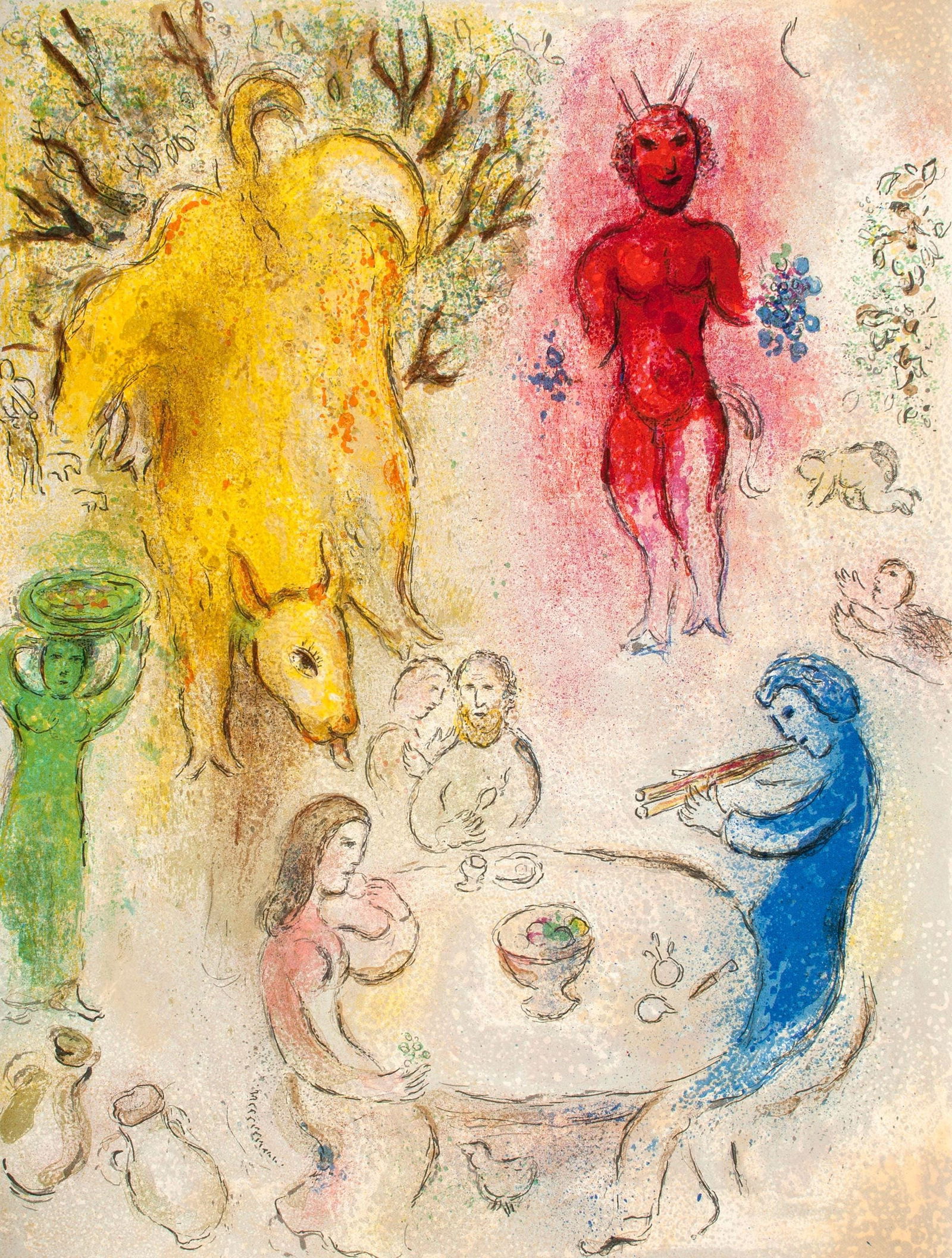 Marc Chagall, Banquet de Pan, Daphnis et Chloe, Limited Edition Heliogravure: Heliogravure on velin paper. Paper Size: 12.5 x 9.5 inches. Inscription: Unsigned and unnumbered, as issued. Condition: Very good/excellent, consistent with age. Notes: From the album, Daphnis and