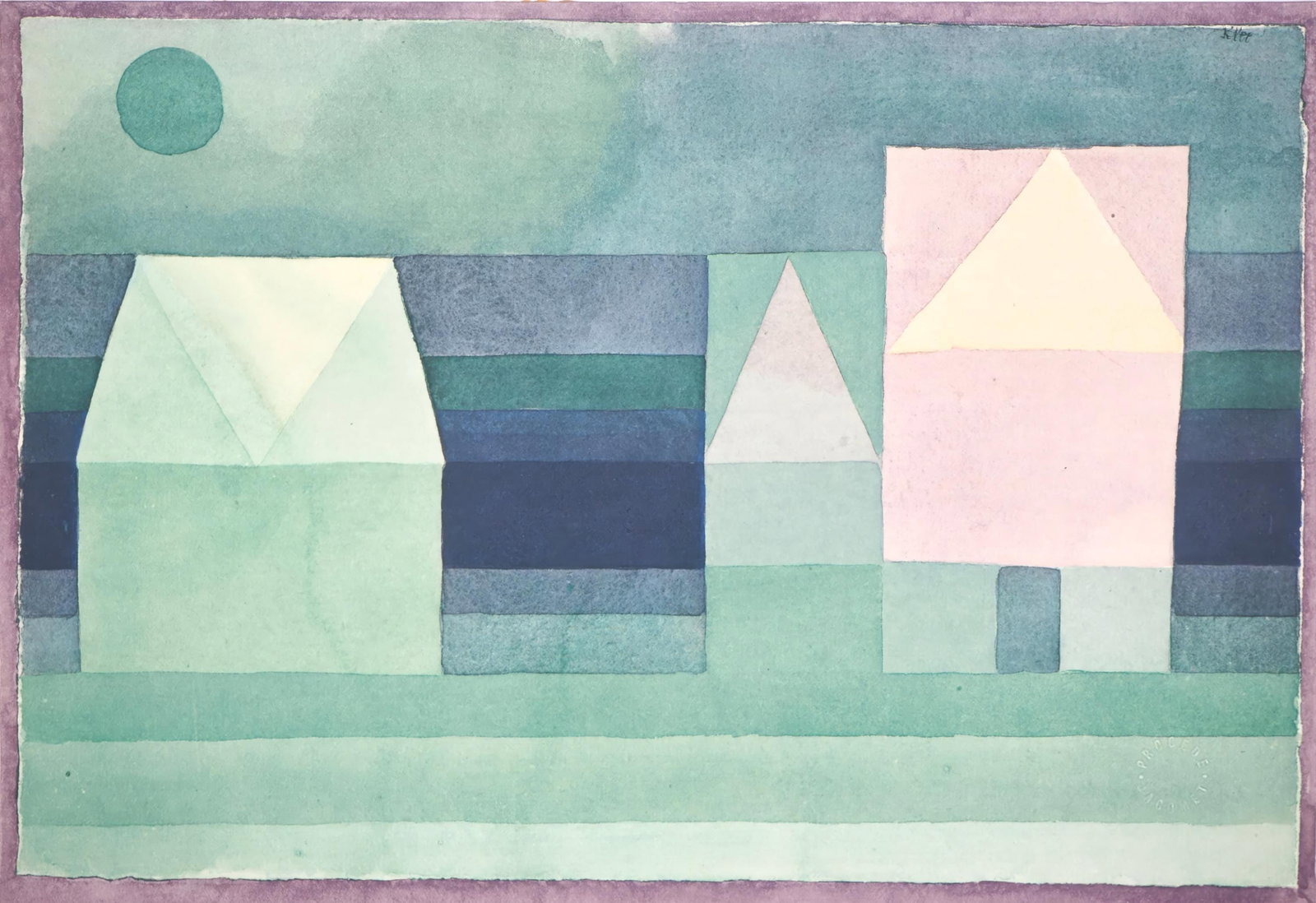 Paul Klee, Drei Hauser Grun violette Stafung, 12 aquarelles, Limited Edition Lithograph and Pochoir,: Lithograph and pochoir on velin de Rives paper. Signed in the plate and unnumbered, as issued. Paper Size: 19.69 x 14.96 inches. Condition: Very good/excellent, consistent with age. Notes: From the fo