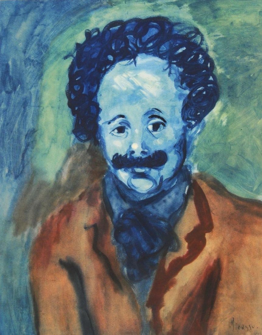 Pablo Picasso, Composition, Les Bleus de Barcelone, Limited Edition Lithograph: Lithograph and stencil with gouache and pastel inks on velin de Rives paper, archivally hinged on velin de Rives backing sheet, as issued. Paper size: 21.34 x 16.5 inches. Excellent condition. Inscrip