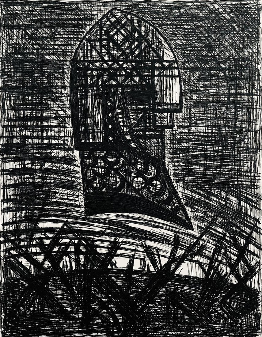 Marcel Gromaire, Presage, Tete Armee, Scene XVI, Shakespeare, Macbeth, Eaux-fortes de Gromaire,: Etching on velin de Rives paper. Unsigned and unnumbered, as issued. Paper Size: 16 x 12 inches. Excellent condition. Notes: From the folio, Shakespeare, Macbeth, Eaux-fortes de Gromaire, 1958. Publis