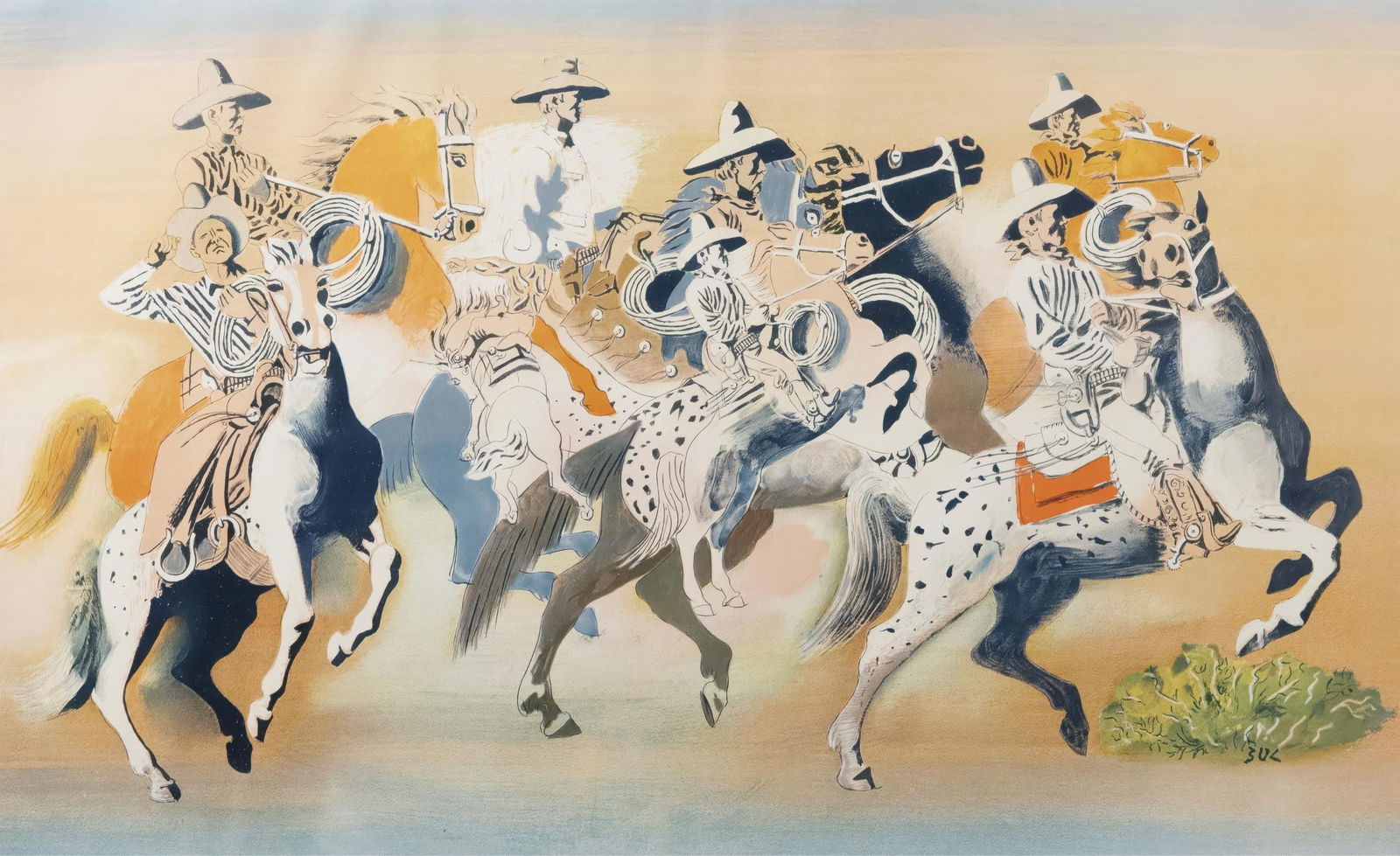 Edward Buk Ulreich, Arizona Cowboys, S.P.22., from School Prints Ltd., Limited Edition Lithograph,: This exquisite lithograph by Edward Buk Ulreich (1908-1977), titled Arizona Cowboys, S.P.22., originates from the School Prints Ltd. series, published by School Prints Ltd., London, under the