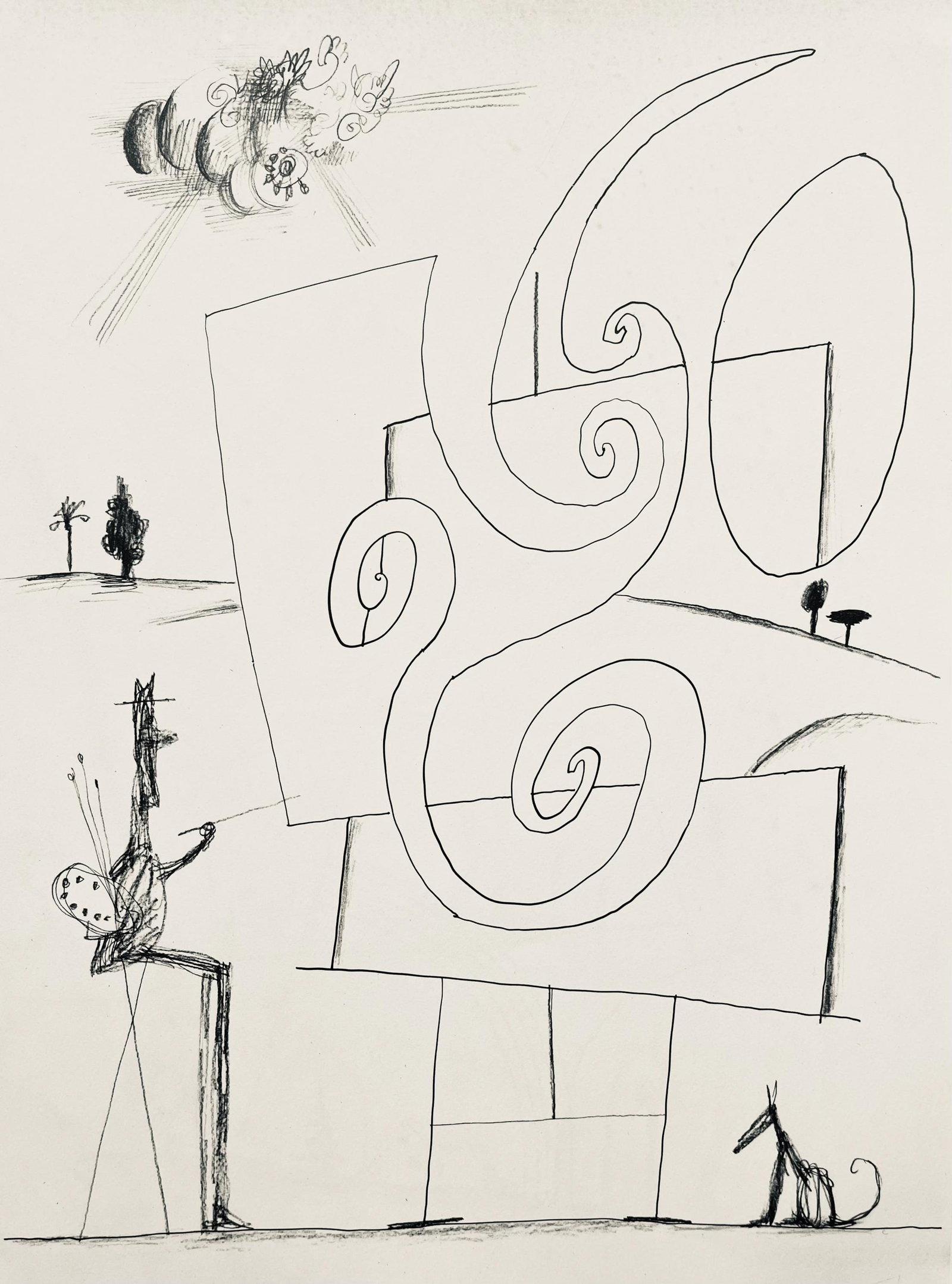 Saul Steinberg, Composition, Derriere le miroir, Limited Edition Lithograph: Lithograph on velin paper. Paper Size: 15 x 11 inches. Excellent condition. Inscription: Unsigned and unnumbered, as issued. Notes: From Derriere le miroir, N deg 157, 1966. Published by Aime Maeght,