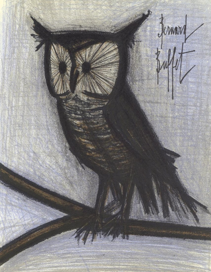 Bernard Buffet, Le petit hibou, Lithographs 1952-1966, Limited Edition Lithograph: Lithograph on velin Acropole Papeteries de Renage paper. Paper size: 12.25 x 9.5 inches. Excellent condition. Inscription: Signed in the plate and unnumbered, as issued. Notes: From the album, Bernard