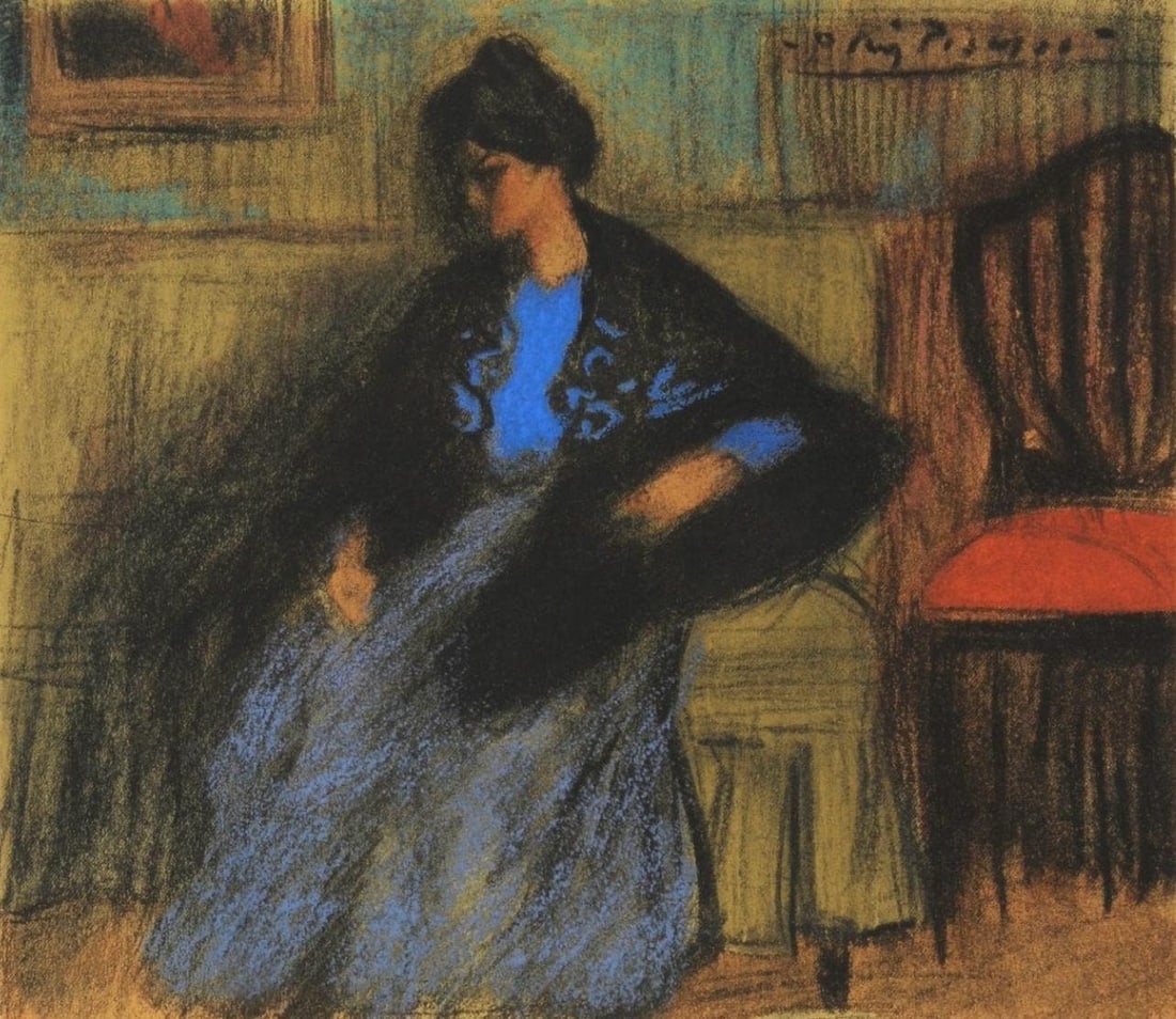 Pablo Picasso, Composition, Les Bleus de Barcelone, Limited Edition Lithograph: Lithograph and stencil with gouache and pastel inks on velin de Rives paper, archivally hinged on velin de Rives backing sheet, as issued. Paper size: 21.34 x 16.5 inches. Excellent condition. Inscrip