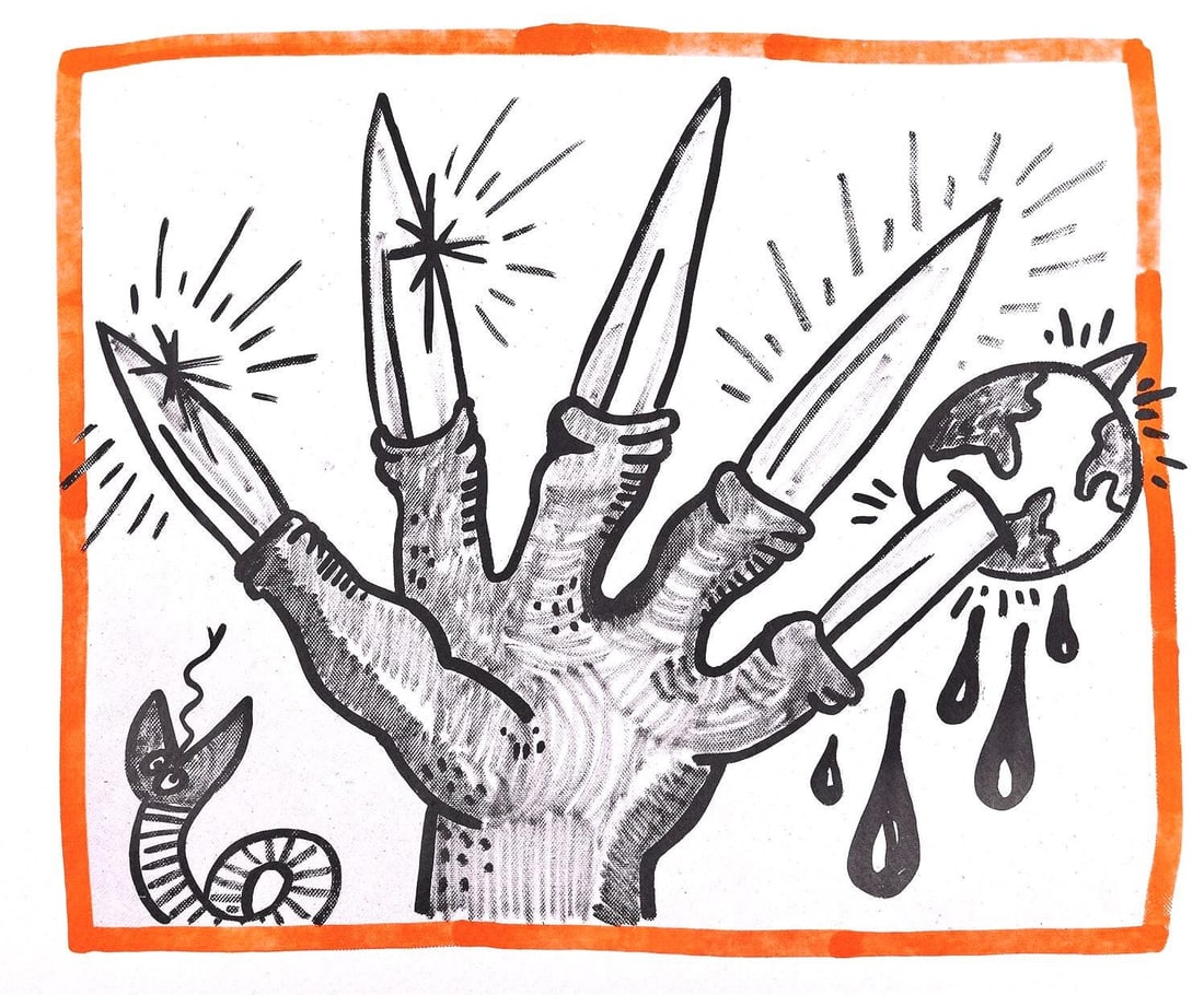 Keith Haring, Composition, Against All Odds, Limited Edition Lithograph: Lithograph on acid-free Rivoli paper. Paper Size: 8.5 x 10.3 inches. Inscription: Unsigned and unnumbered, as issued. Condition: Very good/excellent, consistent with age. Notes: From the album, Agains