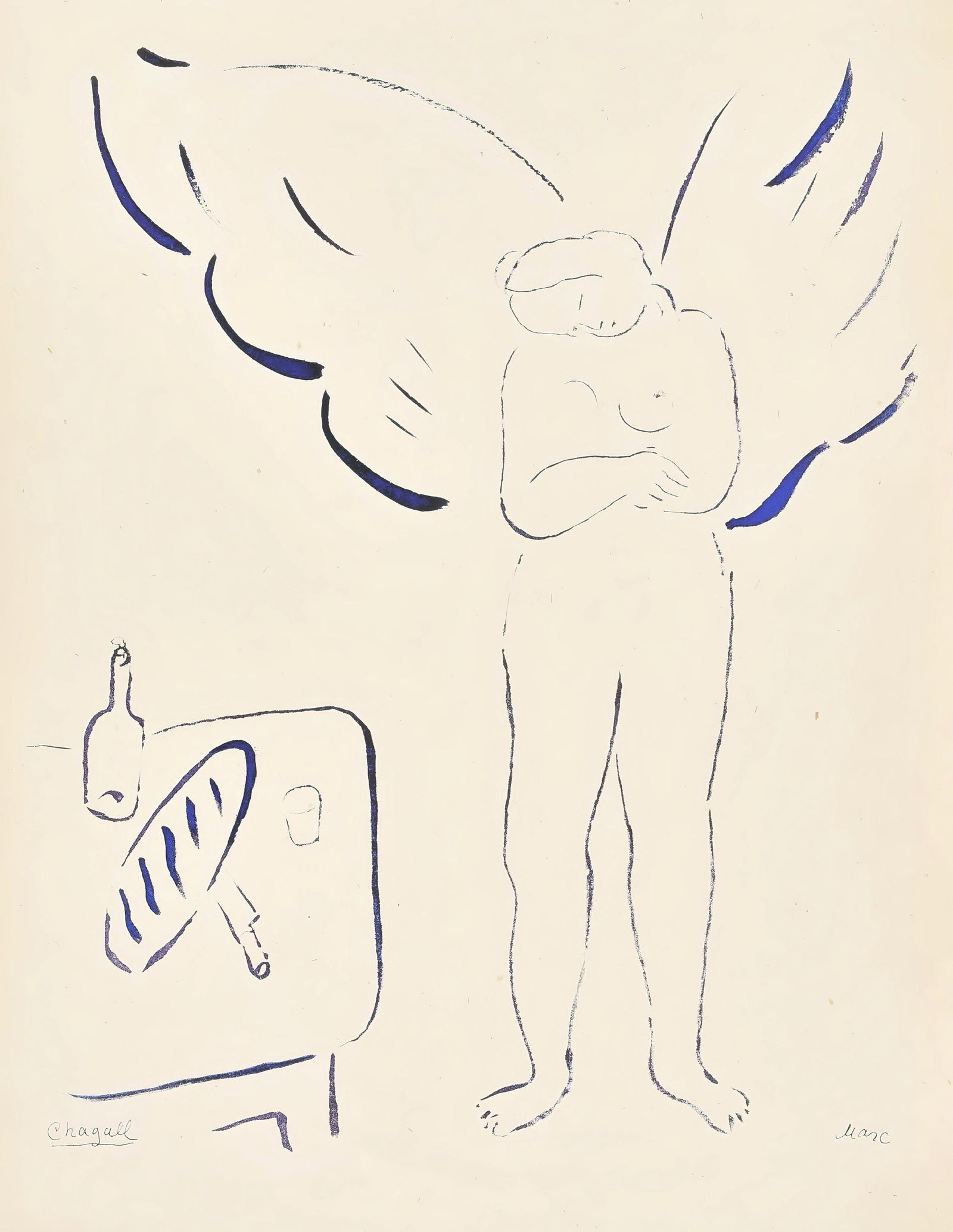 Marc Chagall, Composition, Le Dur Desir de Durer, Limited Edition Lithograph: Lithograph on velin bouffant d'Alfa paper. Paper size: 11.125 x 8.625 inches. Excellent condition. Inscription: unsigned and unnumbered, as issued. Notes: From the volume, Le Dur Desir de Durer, illus