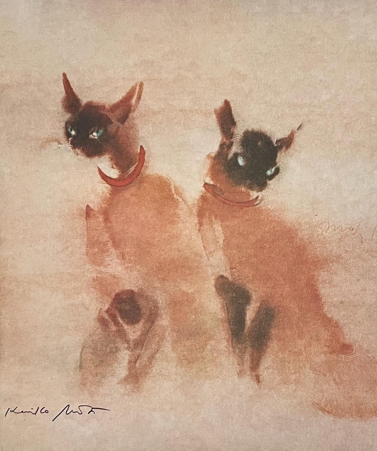 Kaiko Moti, Siamese Cats, Original Edition Offset Lithograph: Offset lithograph on archival paper. Paper size: 28 x 24 inches. Excellent condition. Inscription: Signed in the plate and unnumbered, as issued. Notes: From Published and printed by Touchstone Publis
